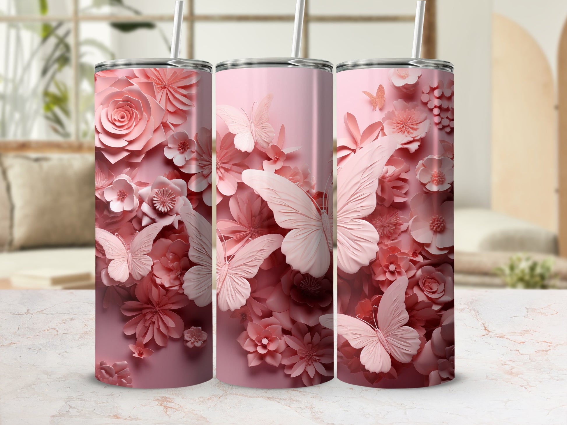 Elegant pink layered flowers butterflies 3D design tumbler product type