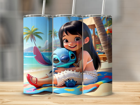 Cute Girl Hugging Blue Cartoon Creature Tumbler