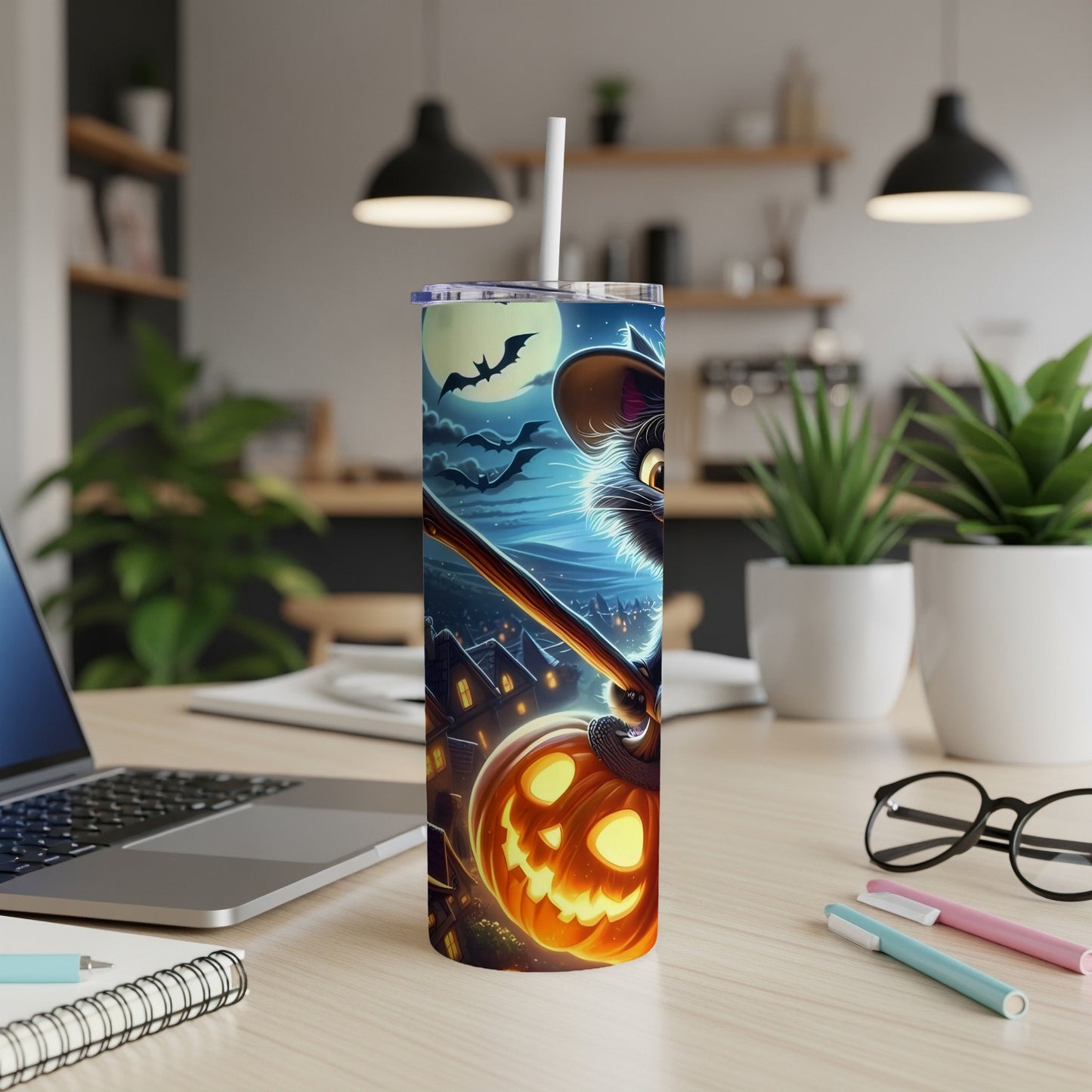 Halloween tumbler with black cat, pumpkin, and bats on a nighttime spooky scene.