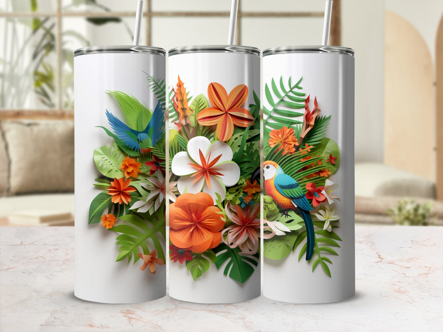 Tropical Floral and Bird Design Insulated Tumbler