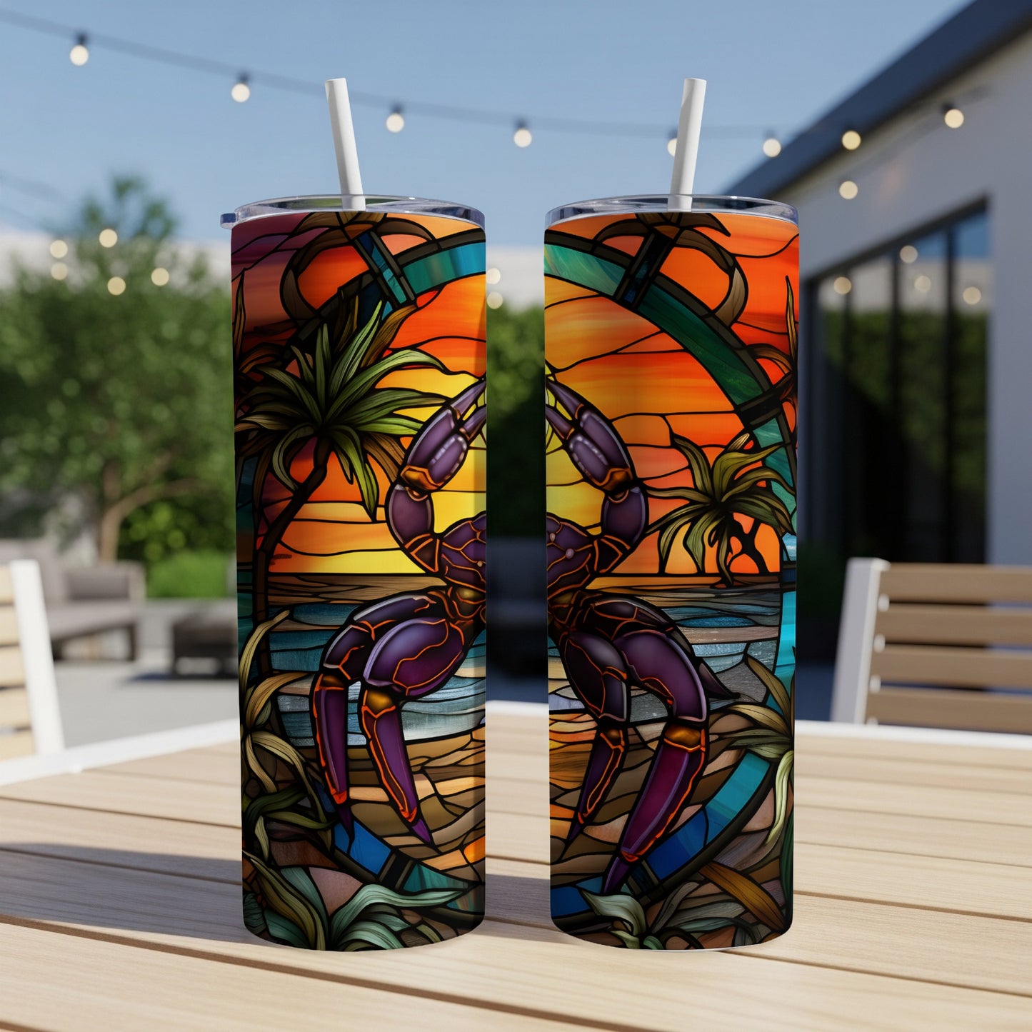 Two tumblers with stained-glass crab and beach sunset design.