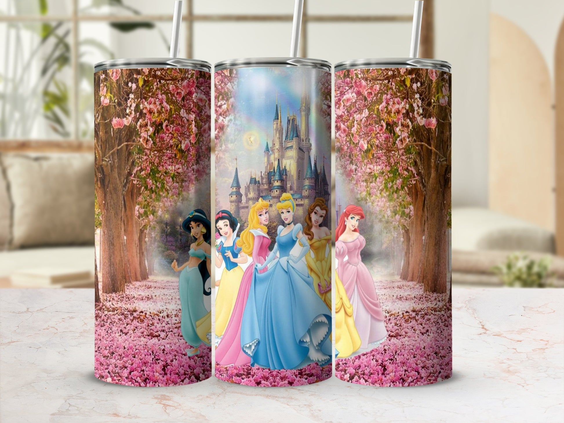 Beautiful Princesses and Castle Scene on Tumbler Cups