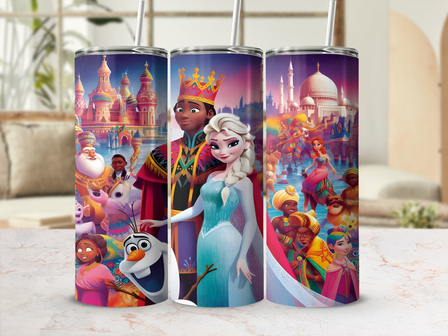 Three tumblers featuring Disney characters from Aladdin and Frozen with ornate city backdrops.