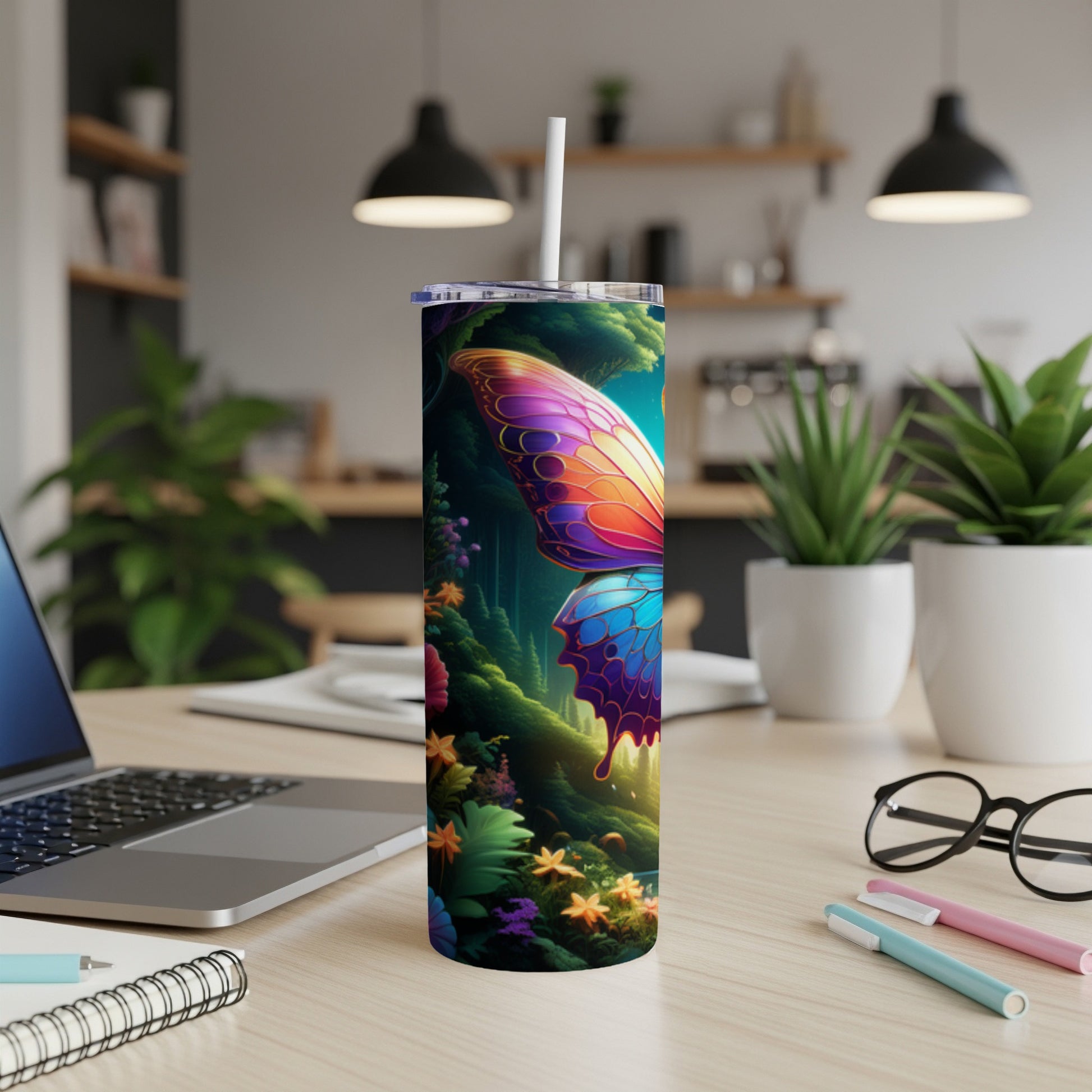 Tumbler with colorful butterfly and floral design, resting on a desk.