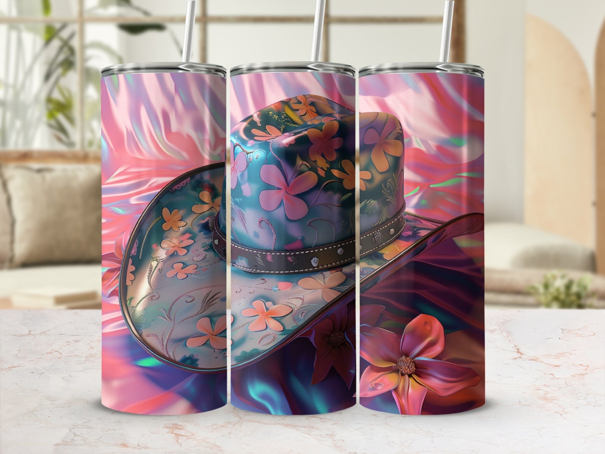 Cowboy hat with floral pattern on a colorful, abstract background.
