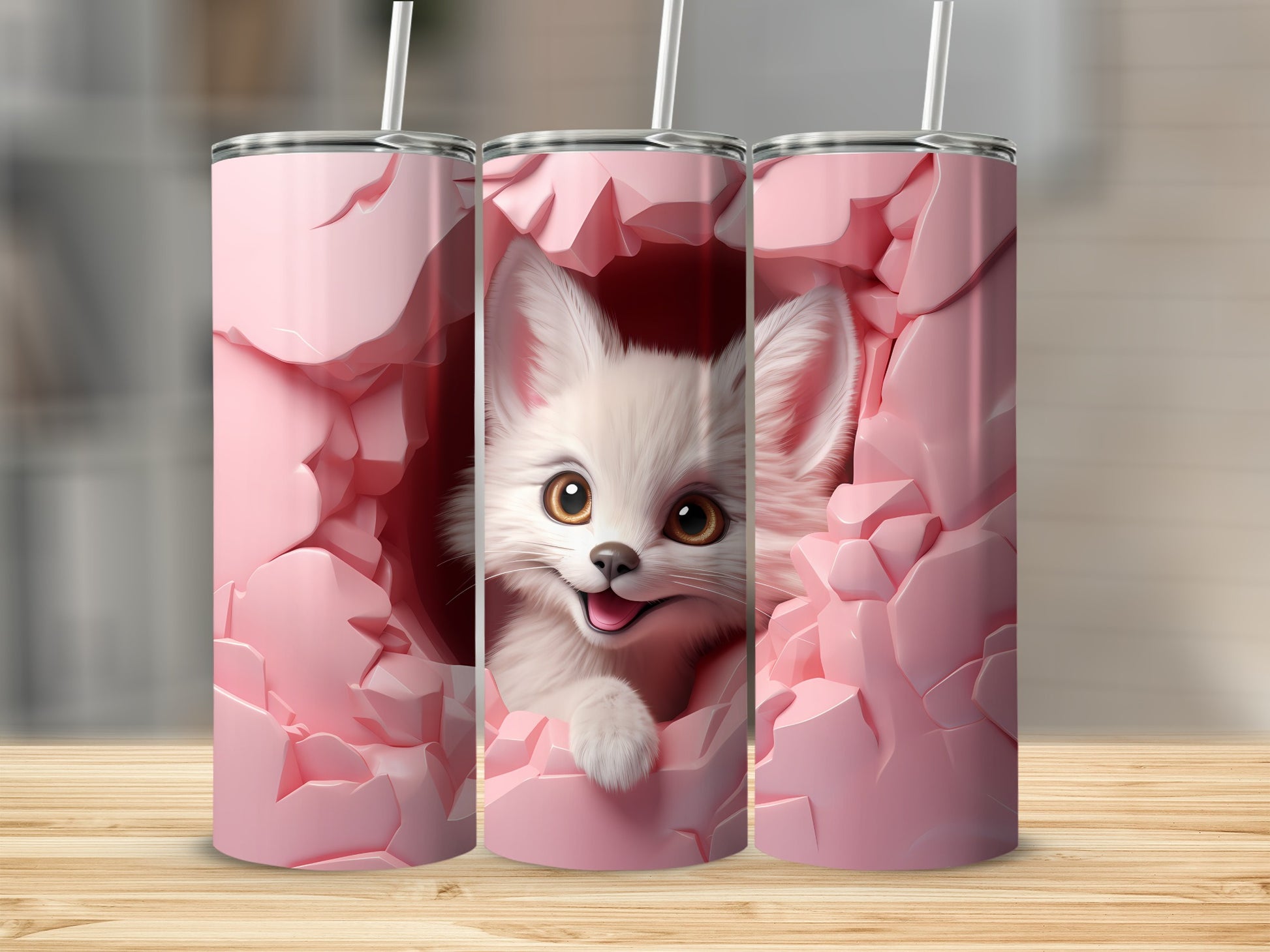 Cute White Fox Peeking Through Pink Torn Paper Tumbler