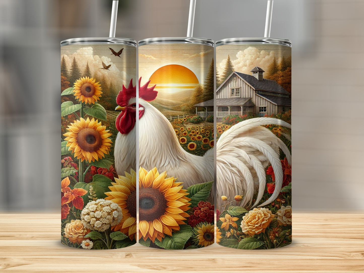 Vibrant Rooster and Sunflower Scenic Tumbler Cup