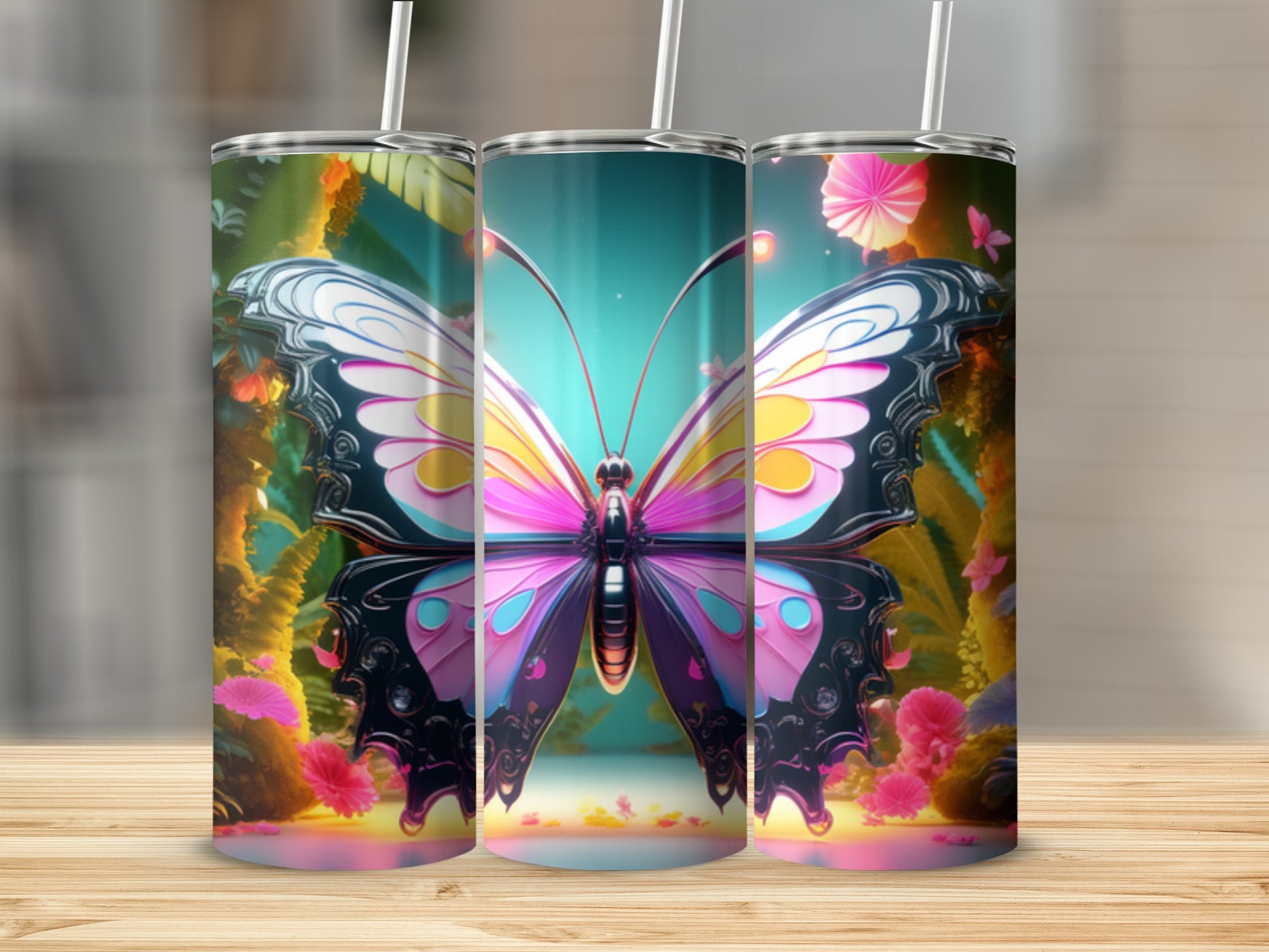 Tall tumbler with a vibrant butterfly and floral background.