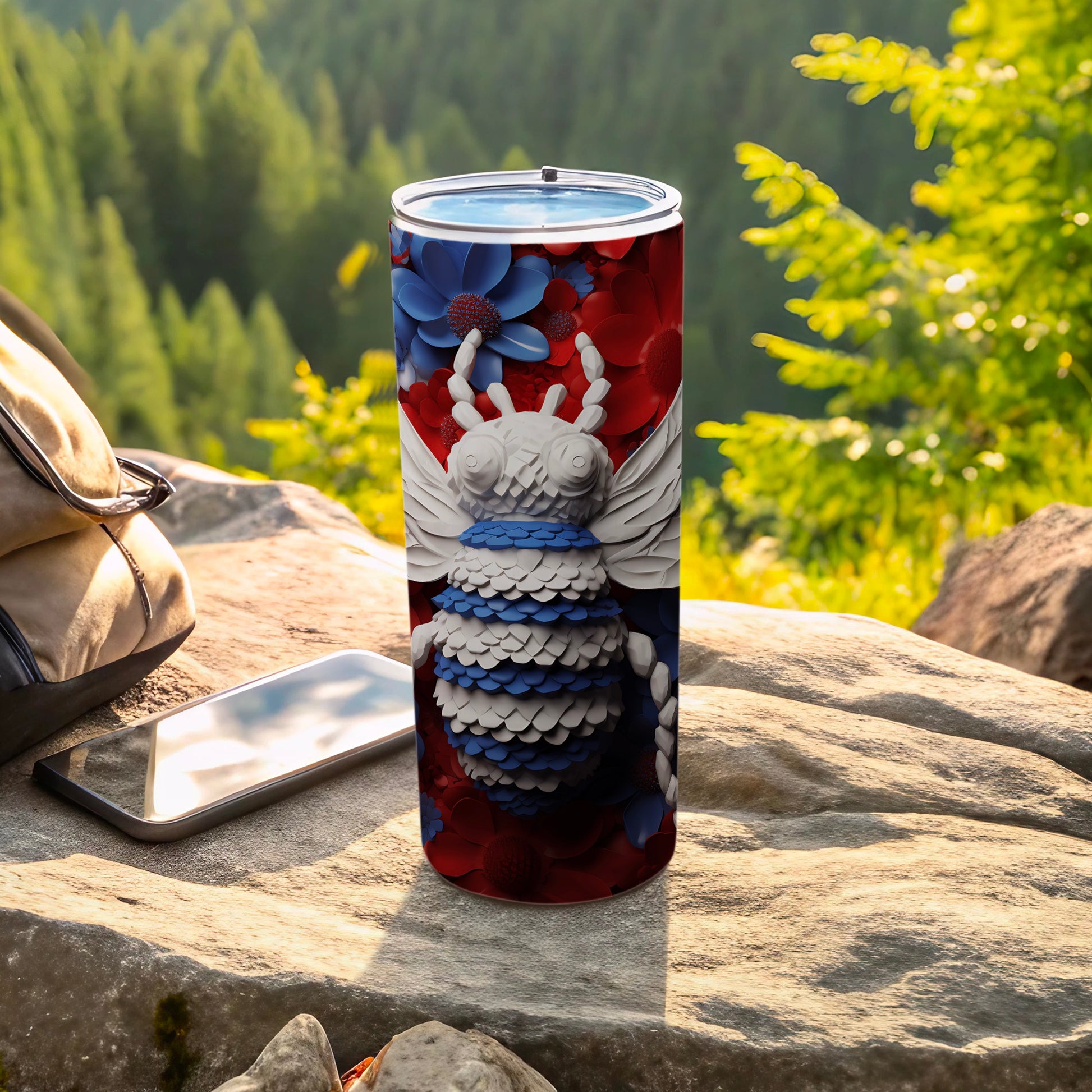 Bee-themed tumbler with red, white, and blue floral pattern.
