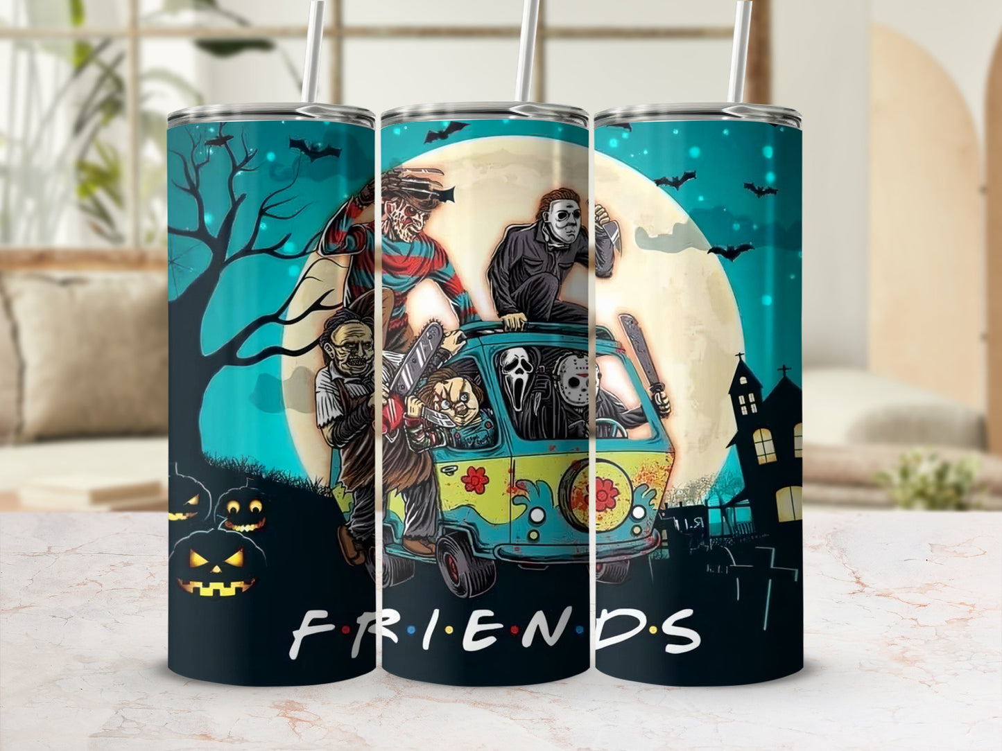 Horror movie characters on a van, with "Friends" logo.