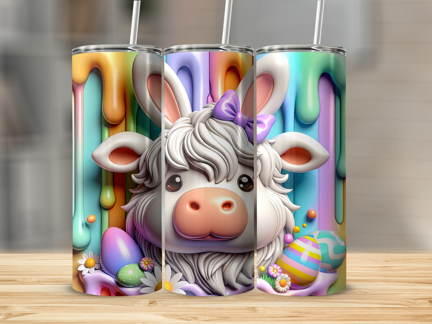 Easter cow with colorful dripping paint and eggs on a wooden surface.