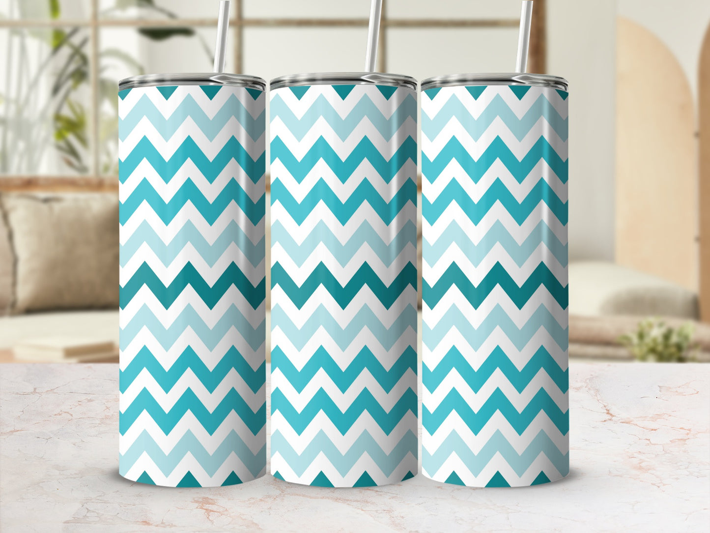 Blue and White Chevron Pattern Insulated Tumbler