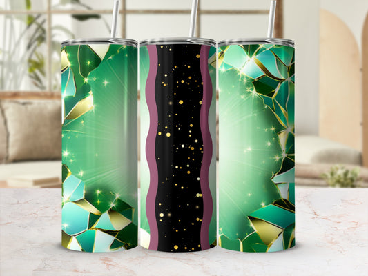 Green abstract geometric tumbler with gold sparkle accents and straw.