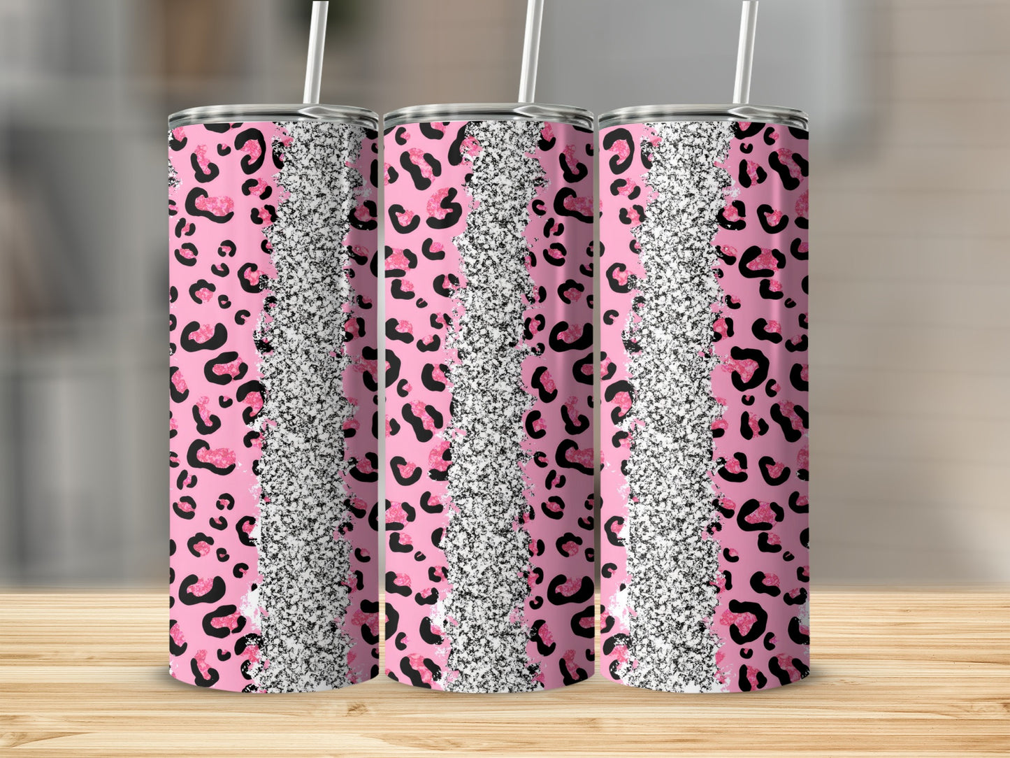 Pink Leopard Print Glitter Skinny Tumbler Cup with Straw