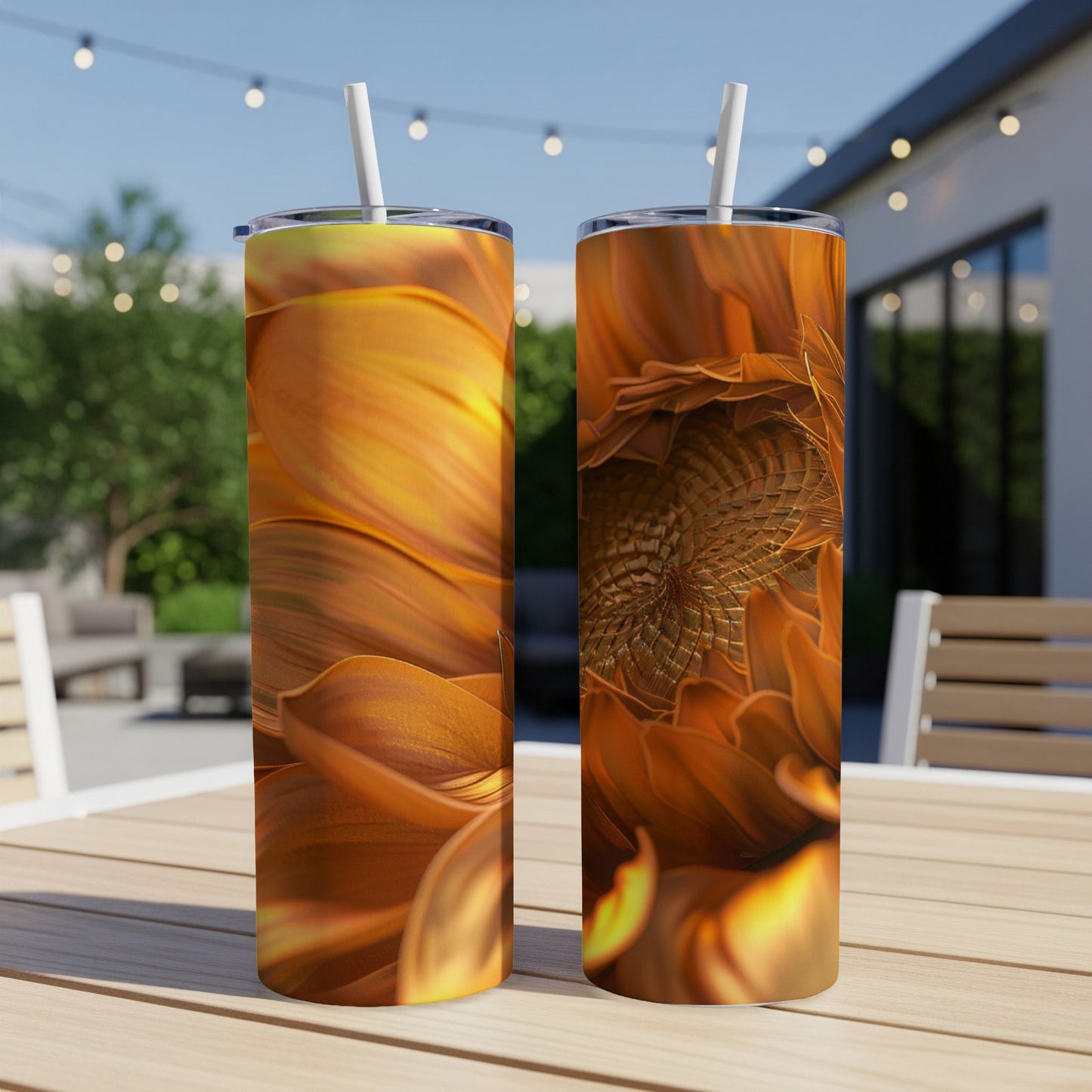 Two tumblers with close-up orange sunflower petal design on outdoor table.