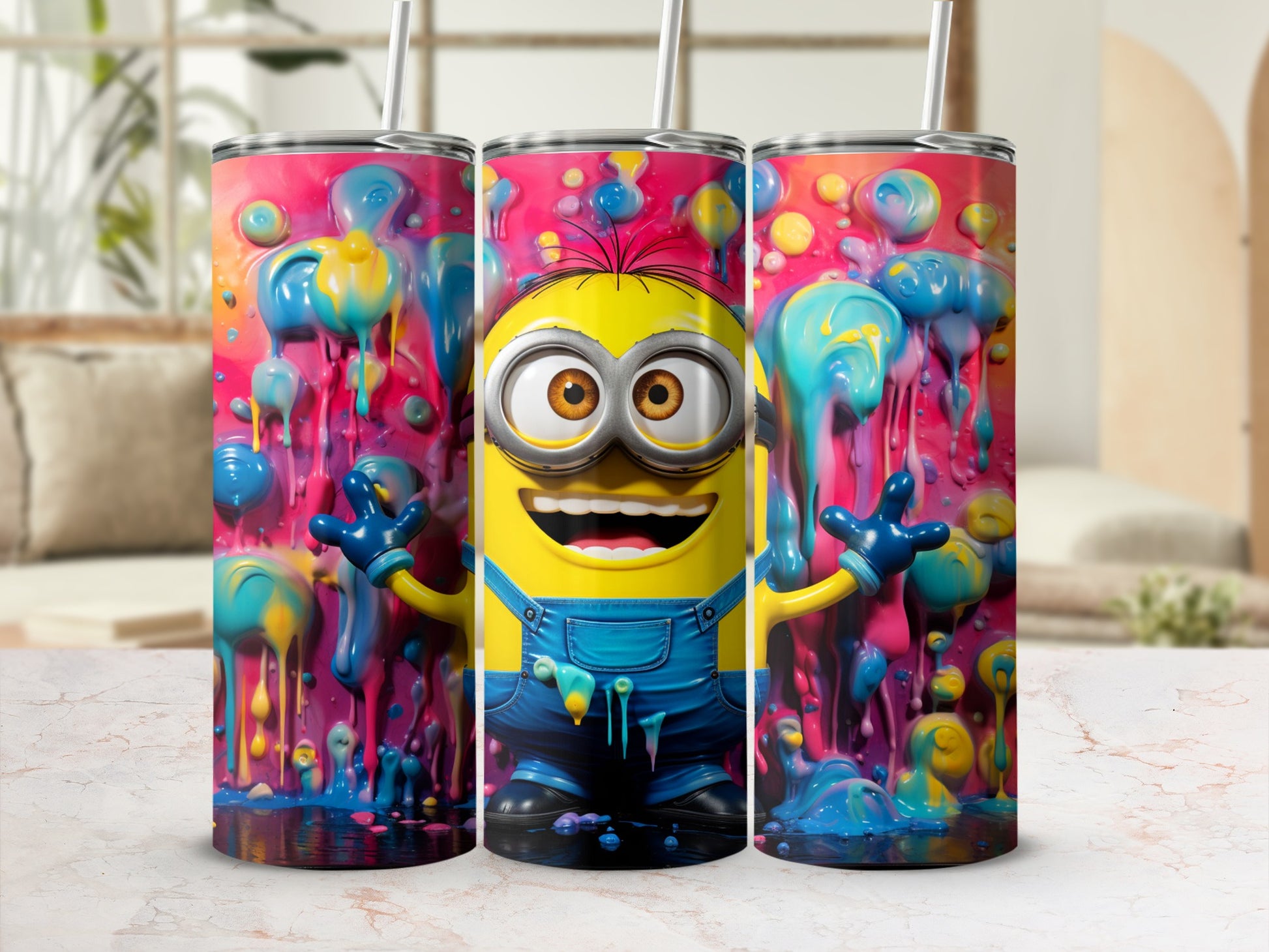 Colorful Dripping Paint and Minion Design Tumbler