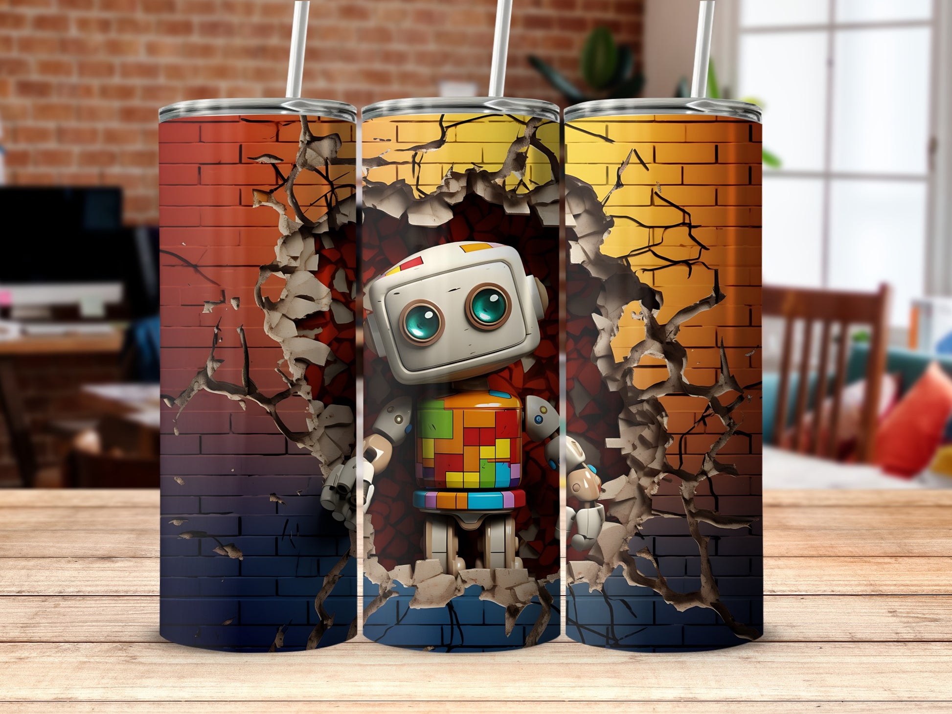 Cute Robot Design Breaking Through Wall Tumbler