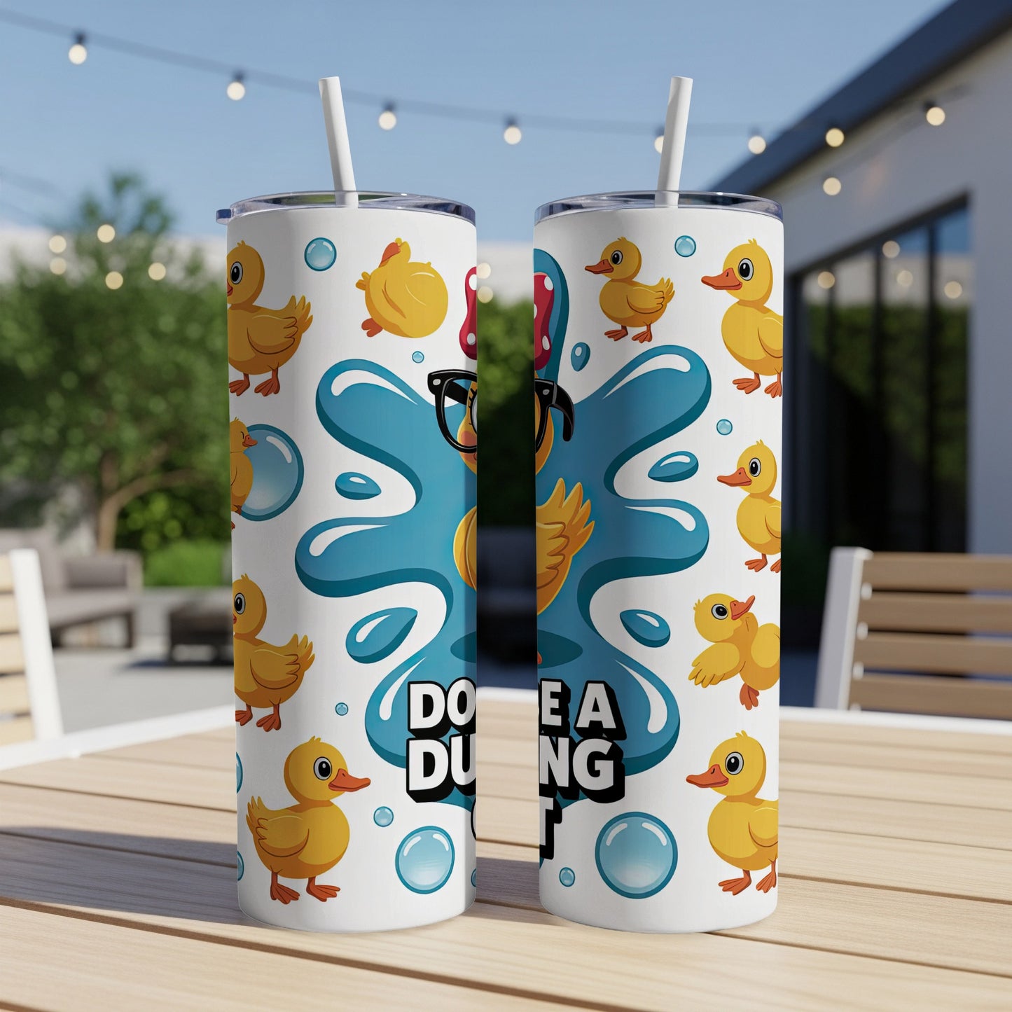 Two tumblers with rubber duck and bubble pattern.