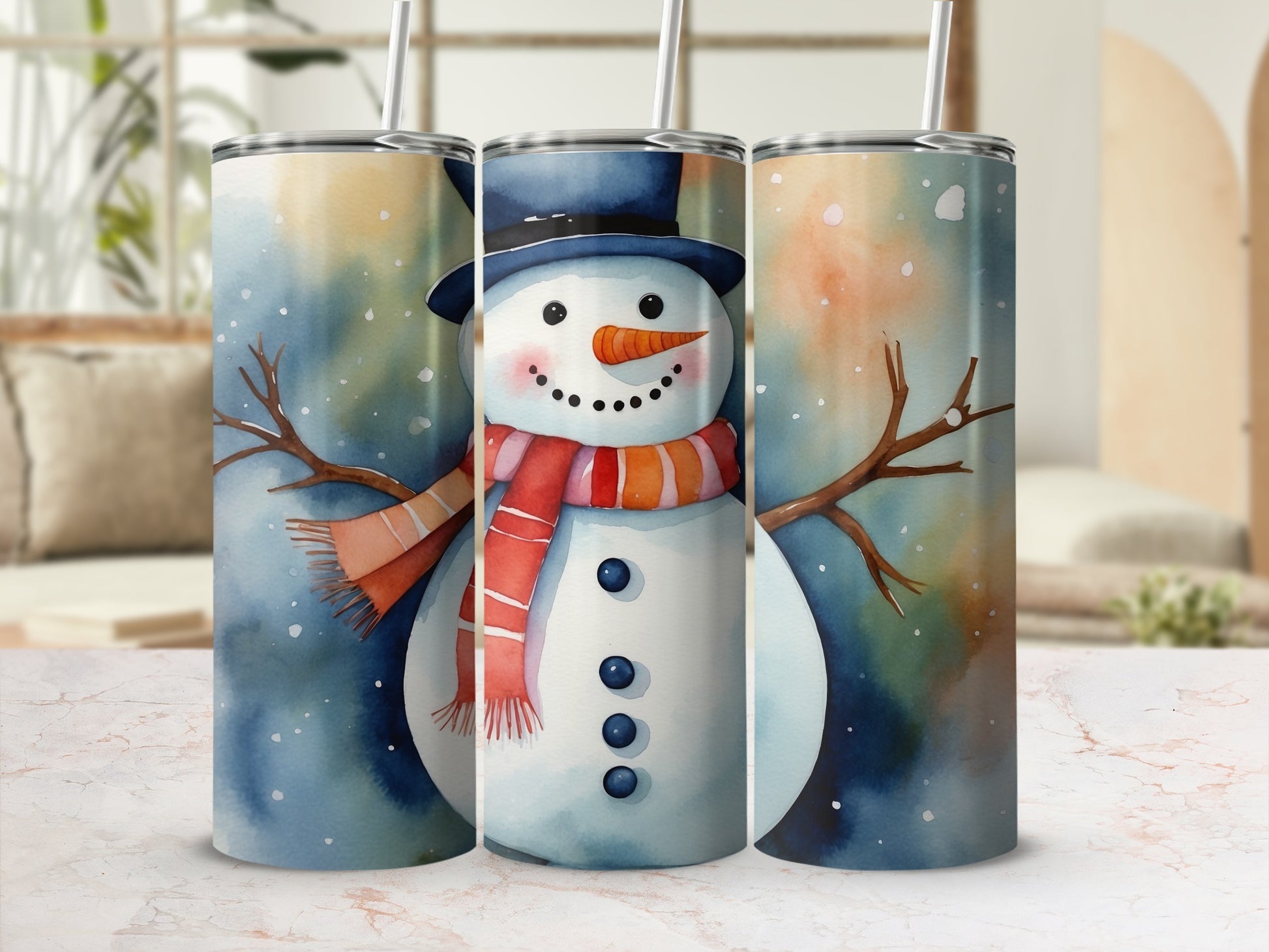 Watercolor snowman with a black hat and red scarf on a snowy background.