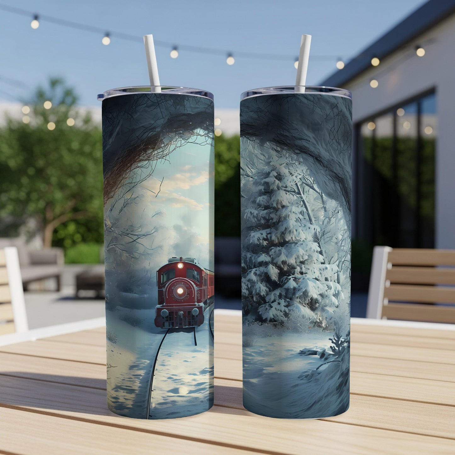 Red steam train in snowy forest scene on two tumblers.