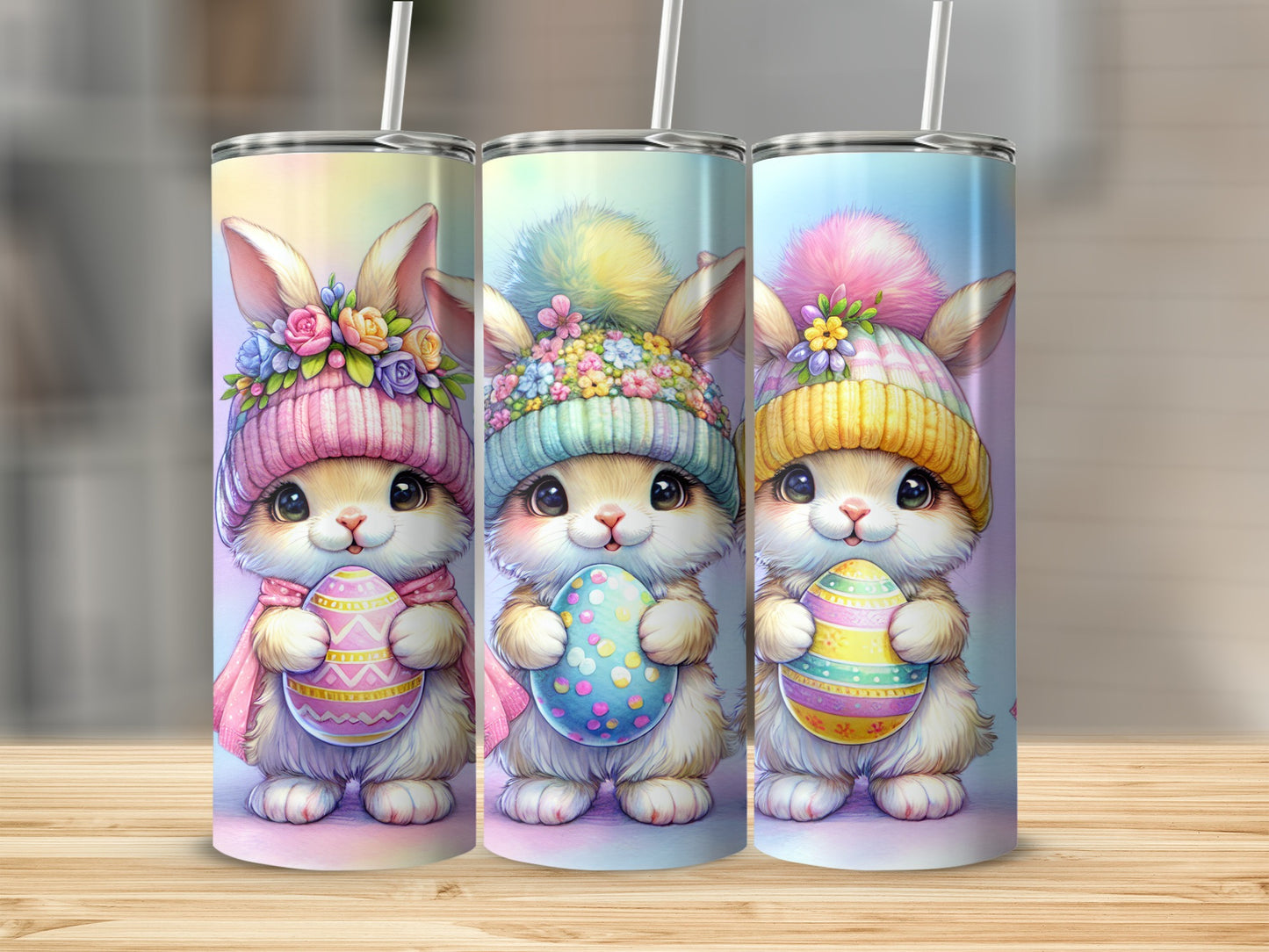 Three cute Easter bunnies in knit hats holding decorated eggs.