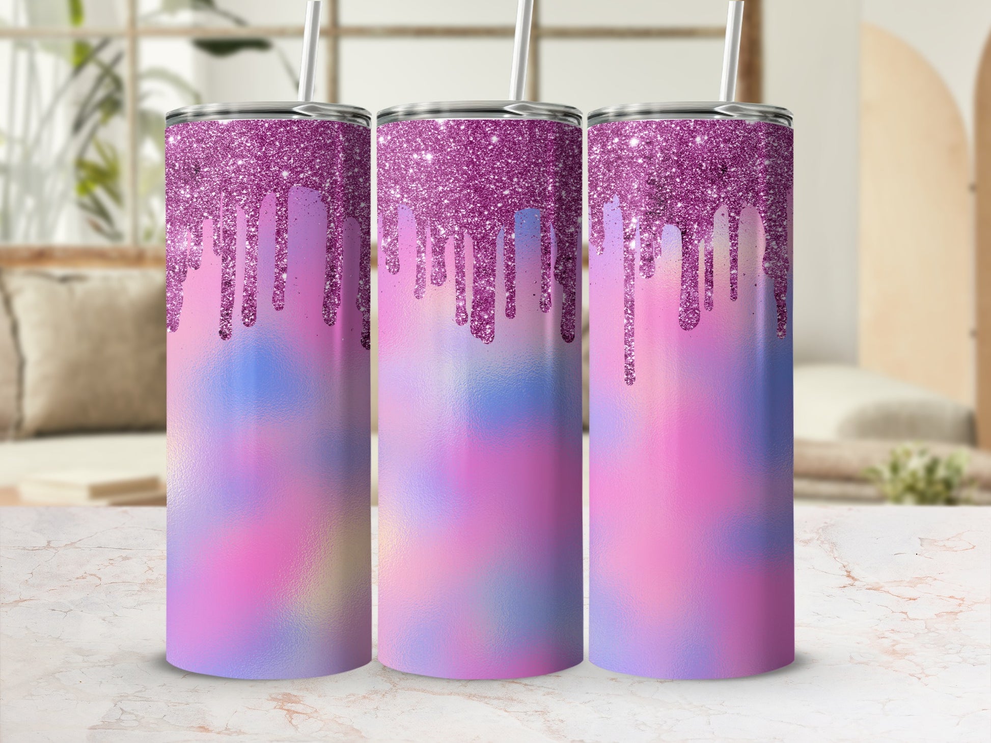 Three tumblers with pink glitter drips over a pastel tie-dye pattern.