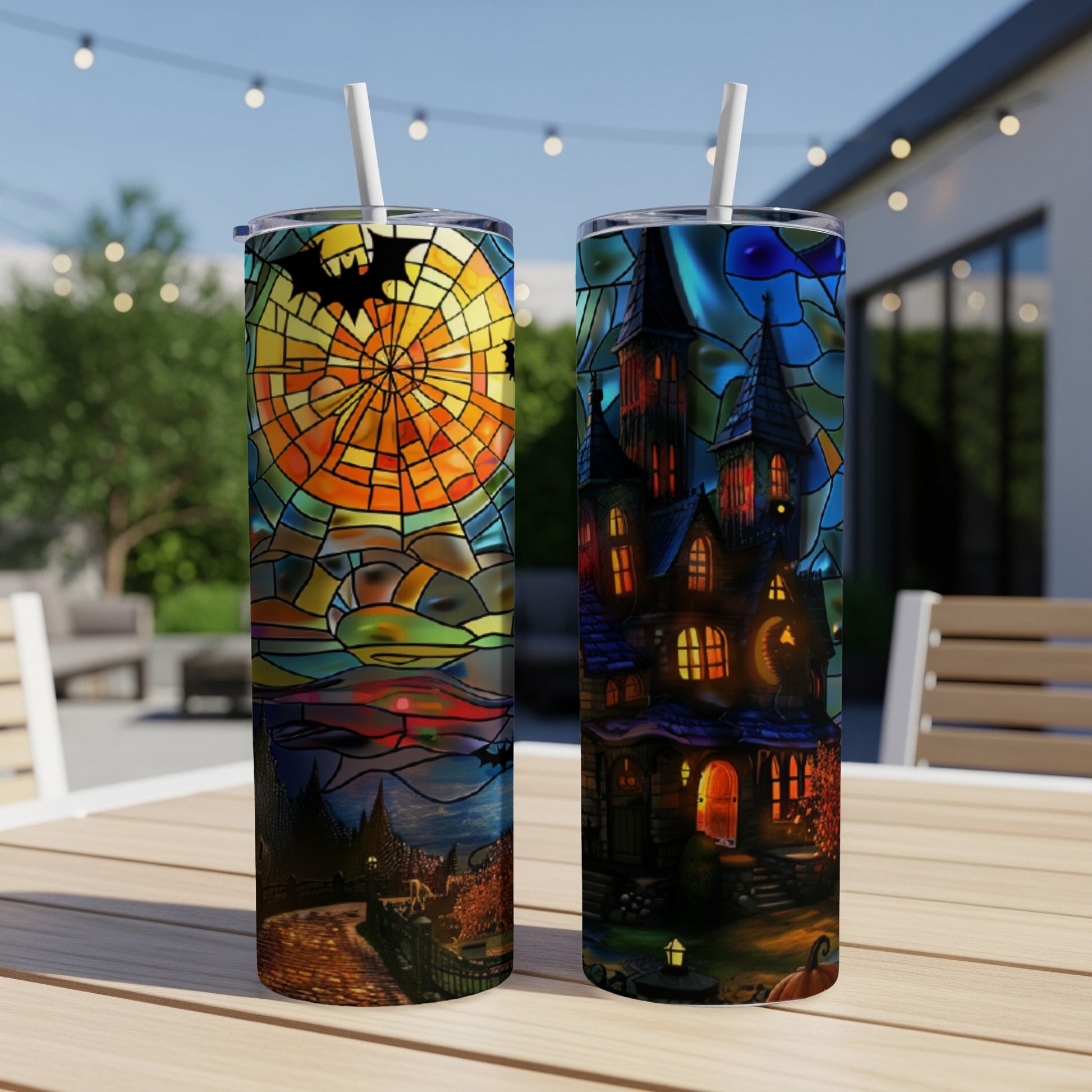 Two tumblers with stained glass Halloween designs of a haunted house and a bat over a moon.