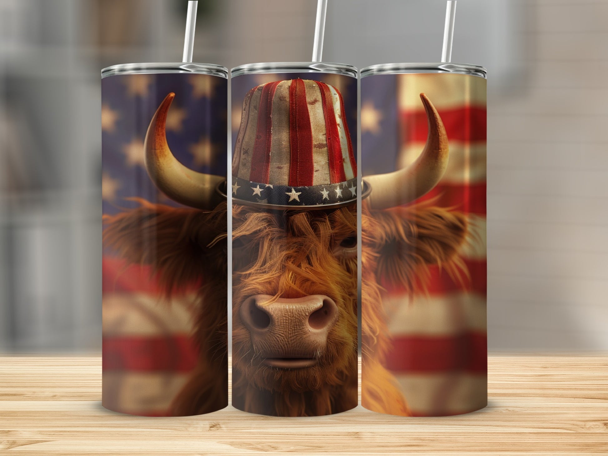 Highland cow wearing patriotic hat with US flag background.