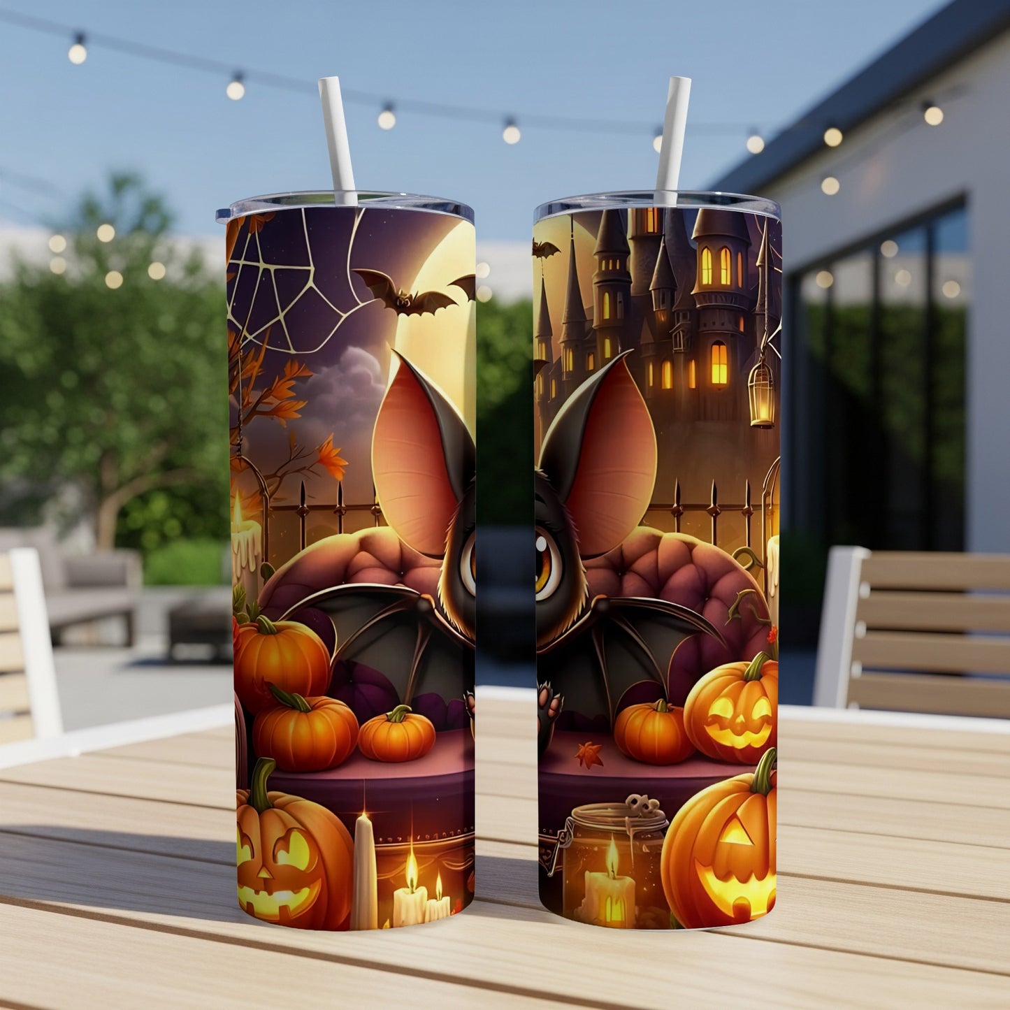 Two tumblers with a spooky Halloween design of a bat, pumpkins, and a castle.