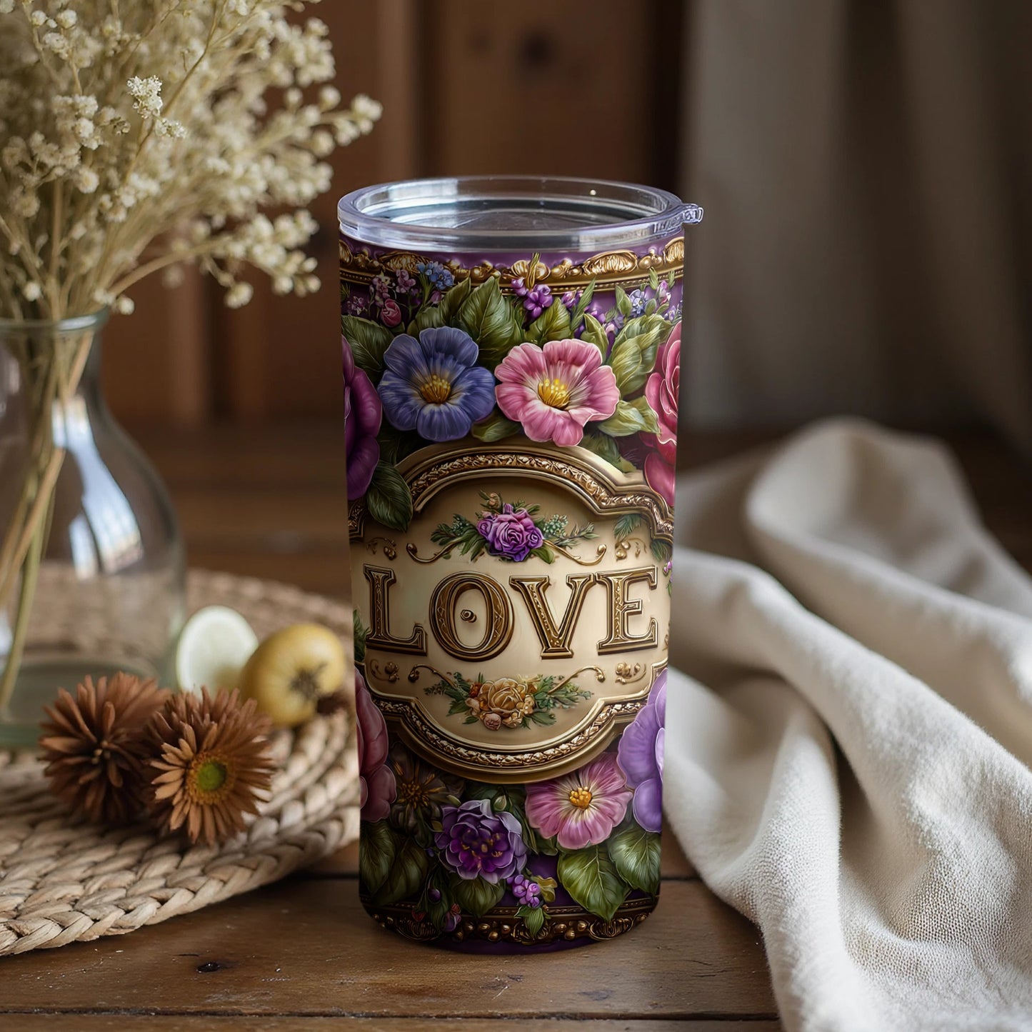 Floral Love Decorative Tumbler with Intricate Design