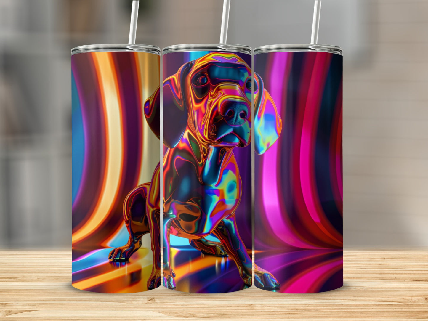 Abstract dog illustration on a multicolored, iridescent cylindrical tumbler with straw.