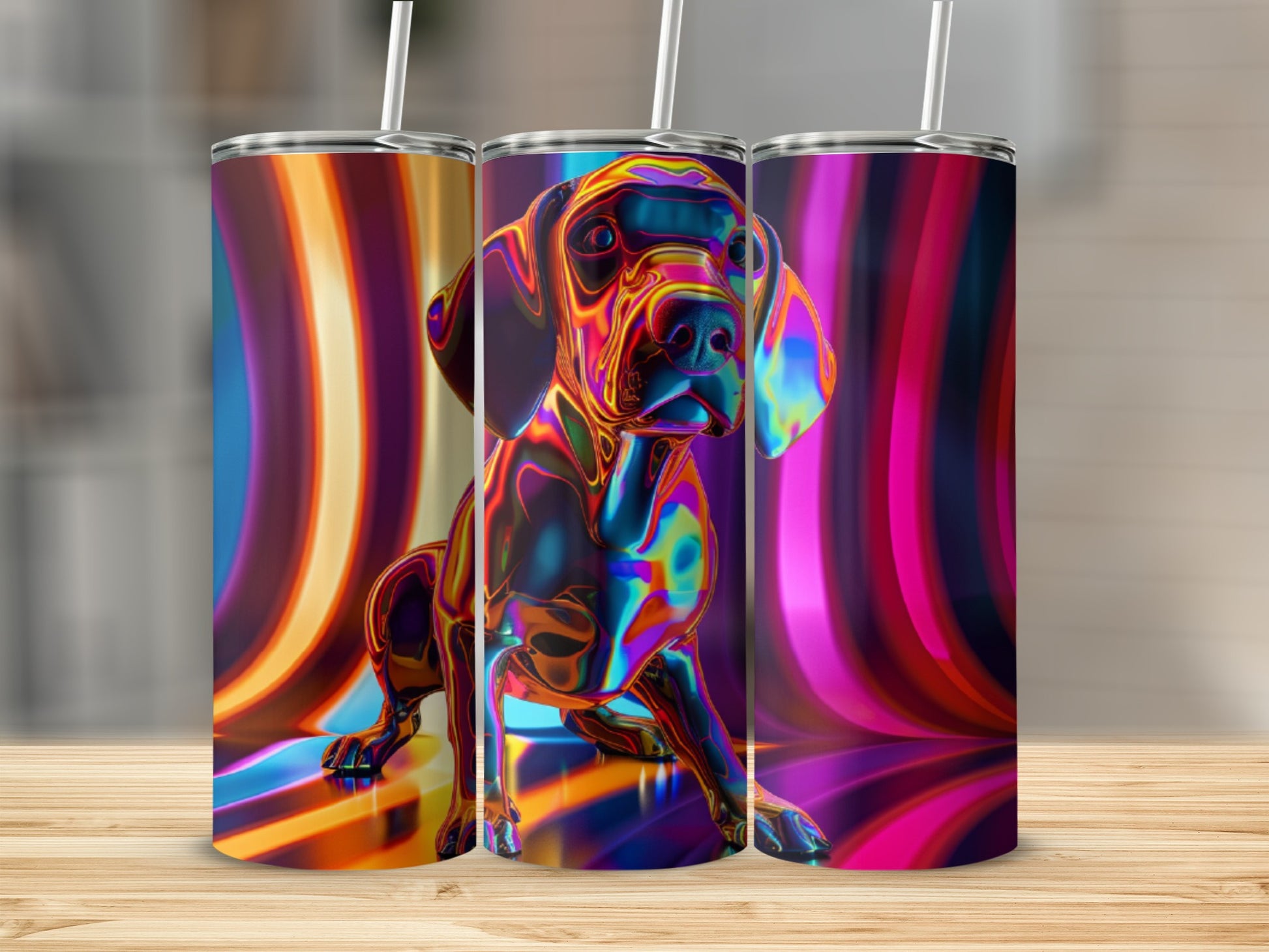 Abstract dog illustration on a multicolored, iridescent cylindrical tumbler with straw.