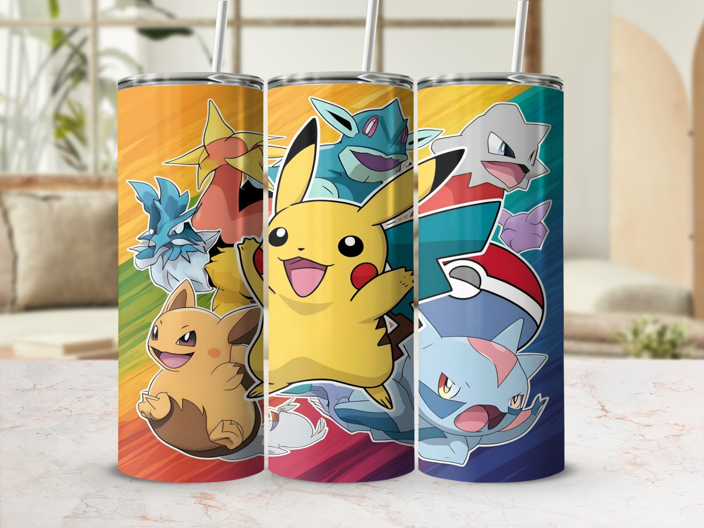 Pokemon characters Pikachu, Eevee, and Squirtle on colorful tumblers.