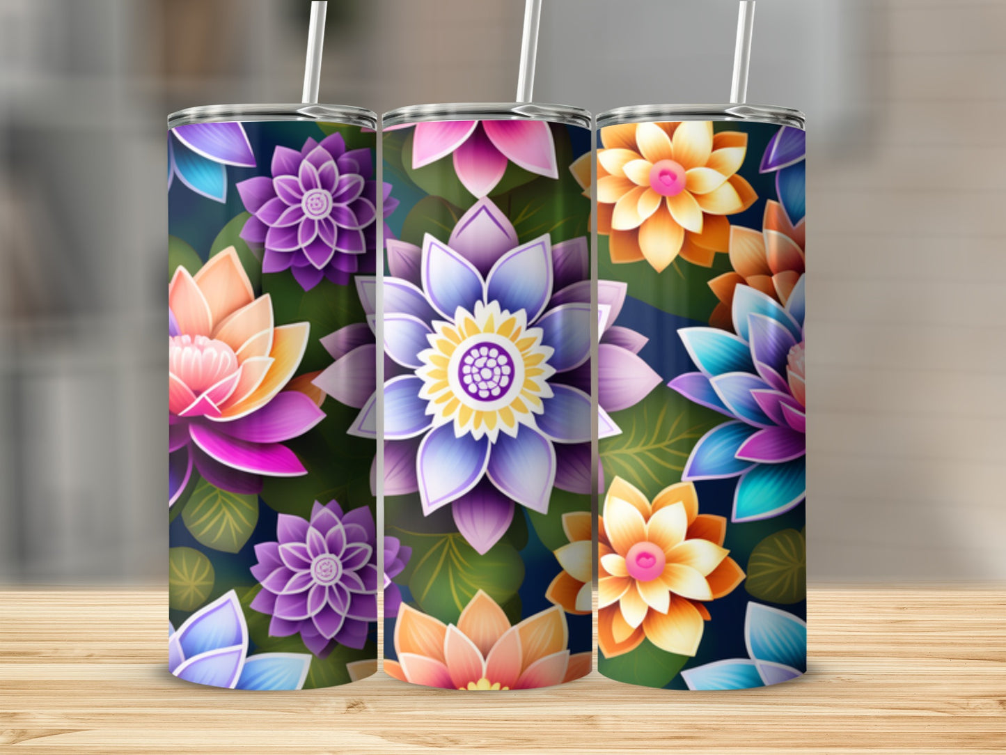 Three floral-patterned tumblers with colorful lotus designs on a wooden surface.