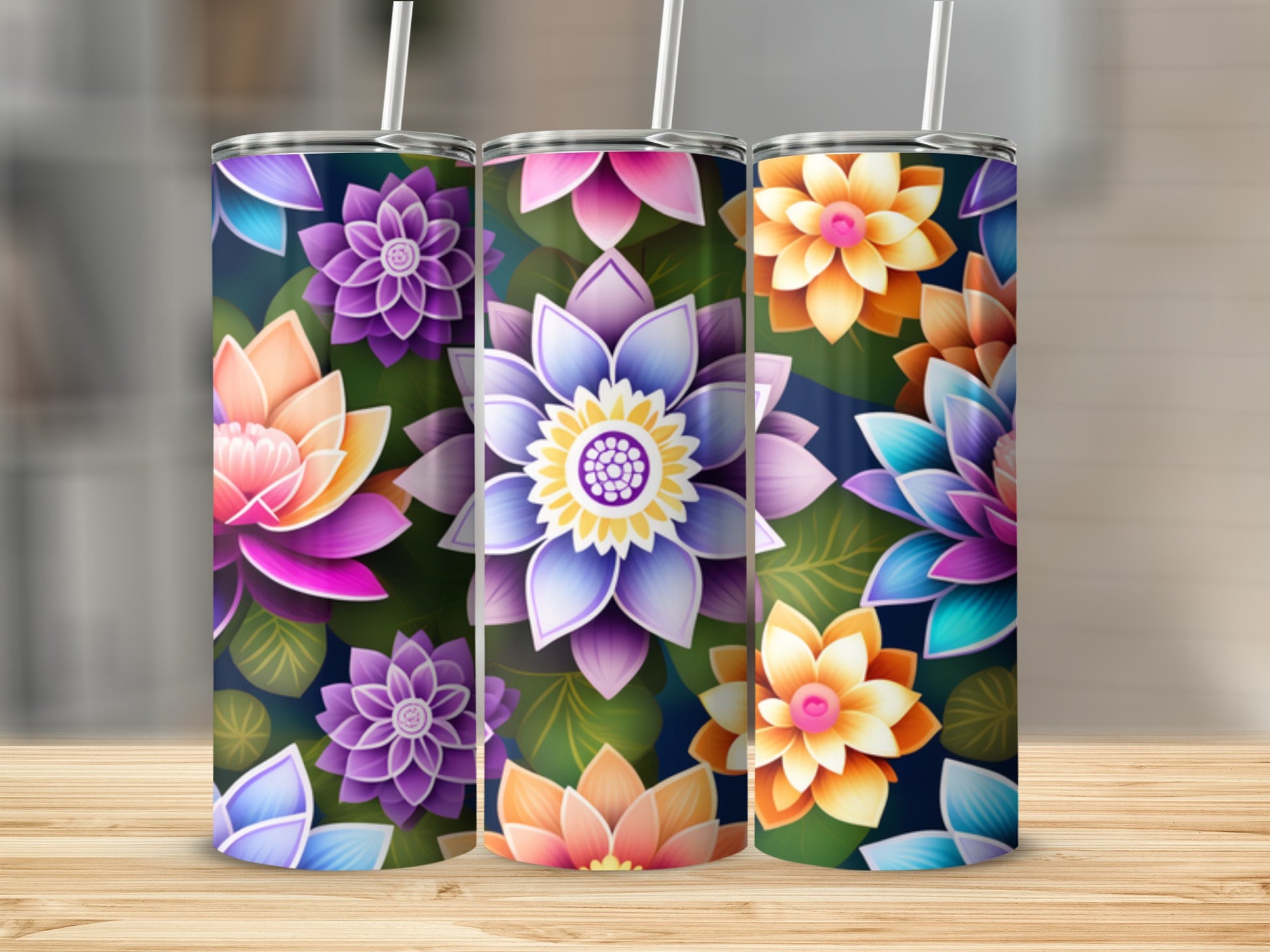 Three floral-patterned tumblers with colorful lotus designs on a wooden surface.