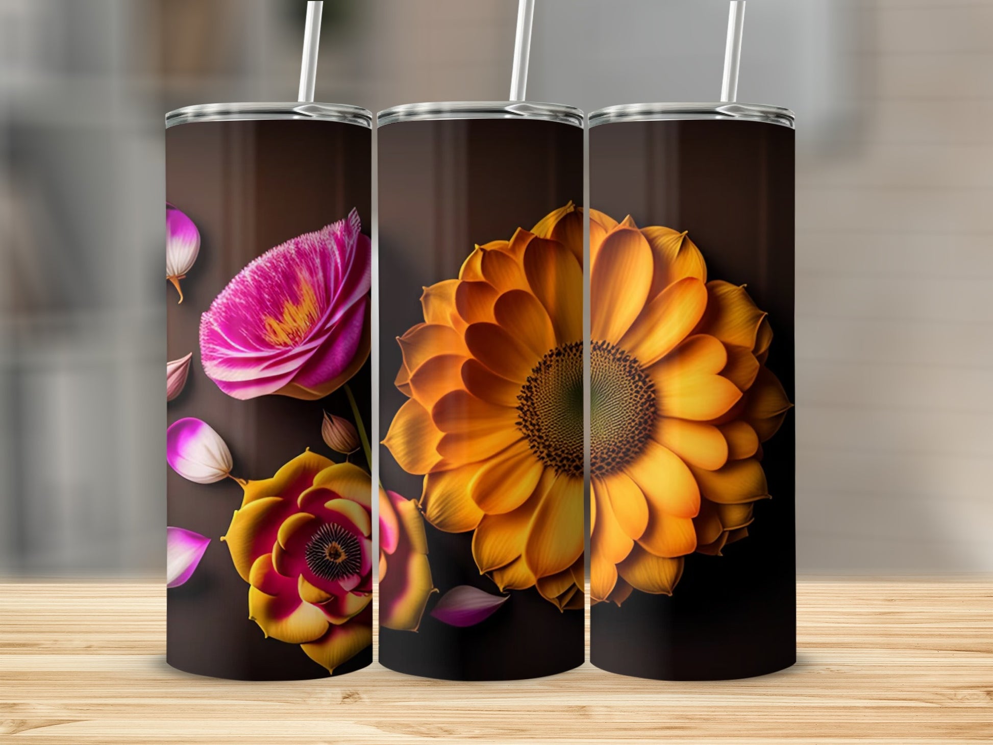 Vibrant Floral Design Tall Tumblers with Straws