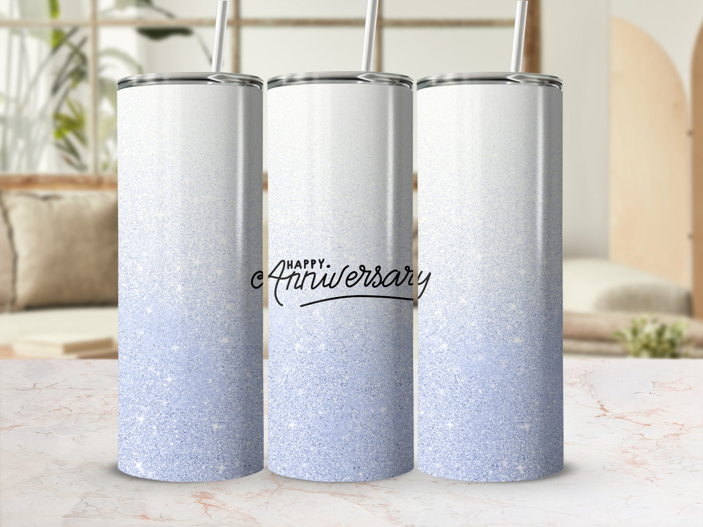 White gradient tumbler with "Happy Anniversary" text and blue glitter.