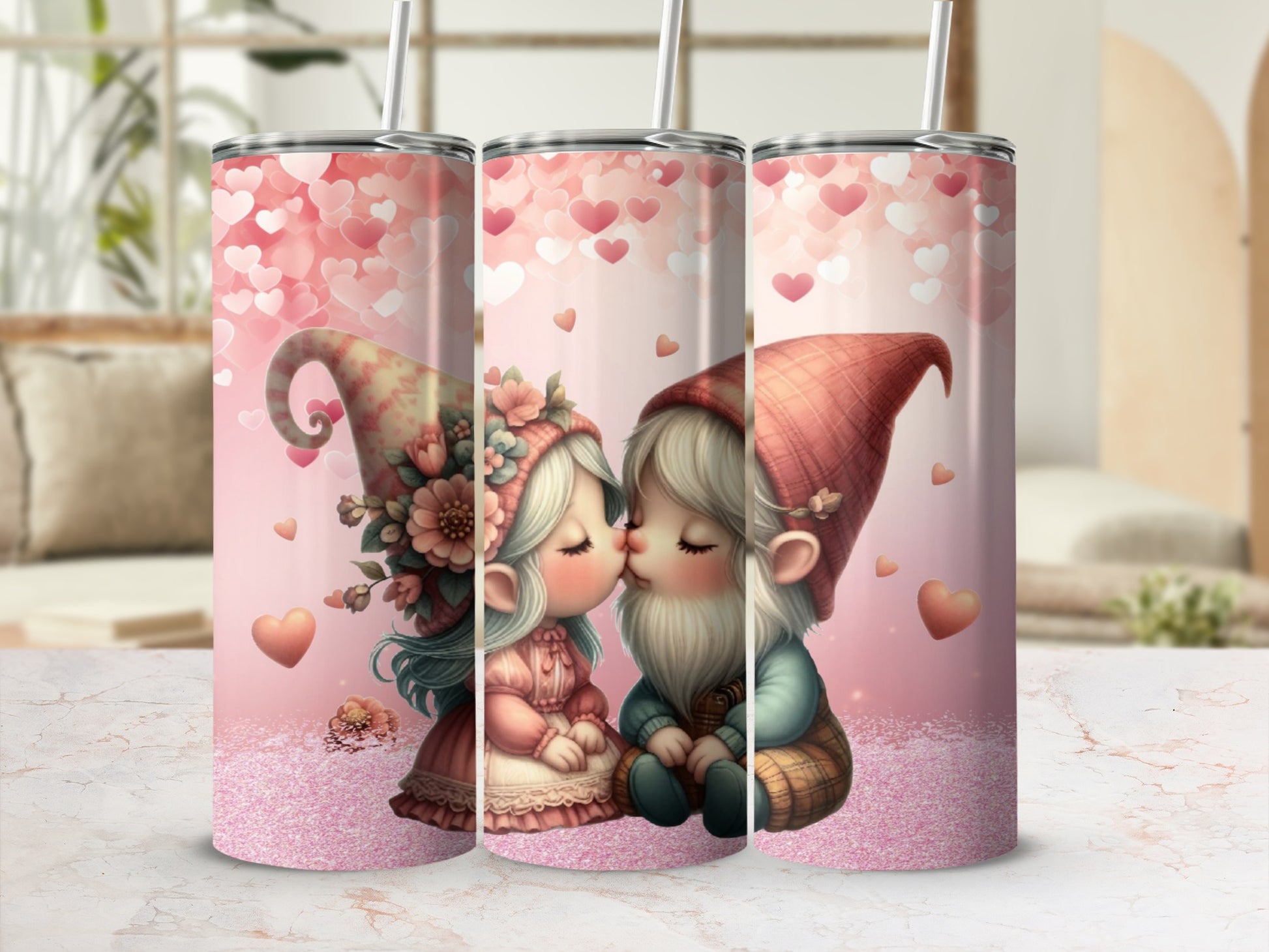 Gnomes kissing surrounded by pink hearts and glitter.
