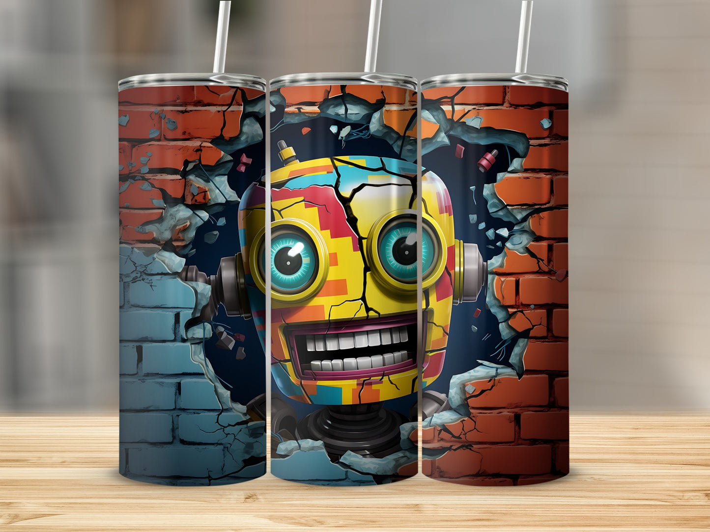 Vibrant Robot Face Tumbler with Colorful Brick Wall Design