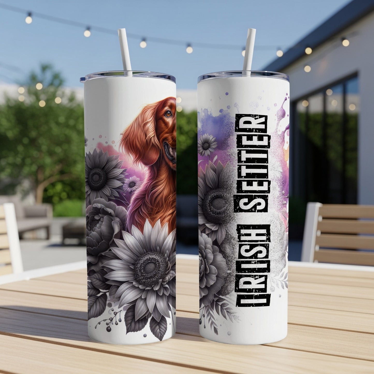 Irish Setter graphic on a tall white tumbler with floral and watercolor accents.