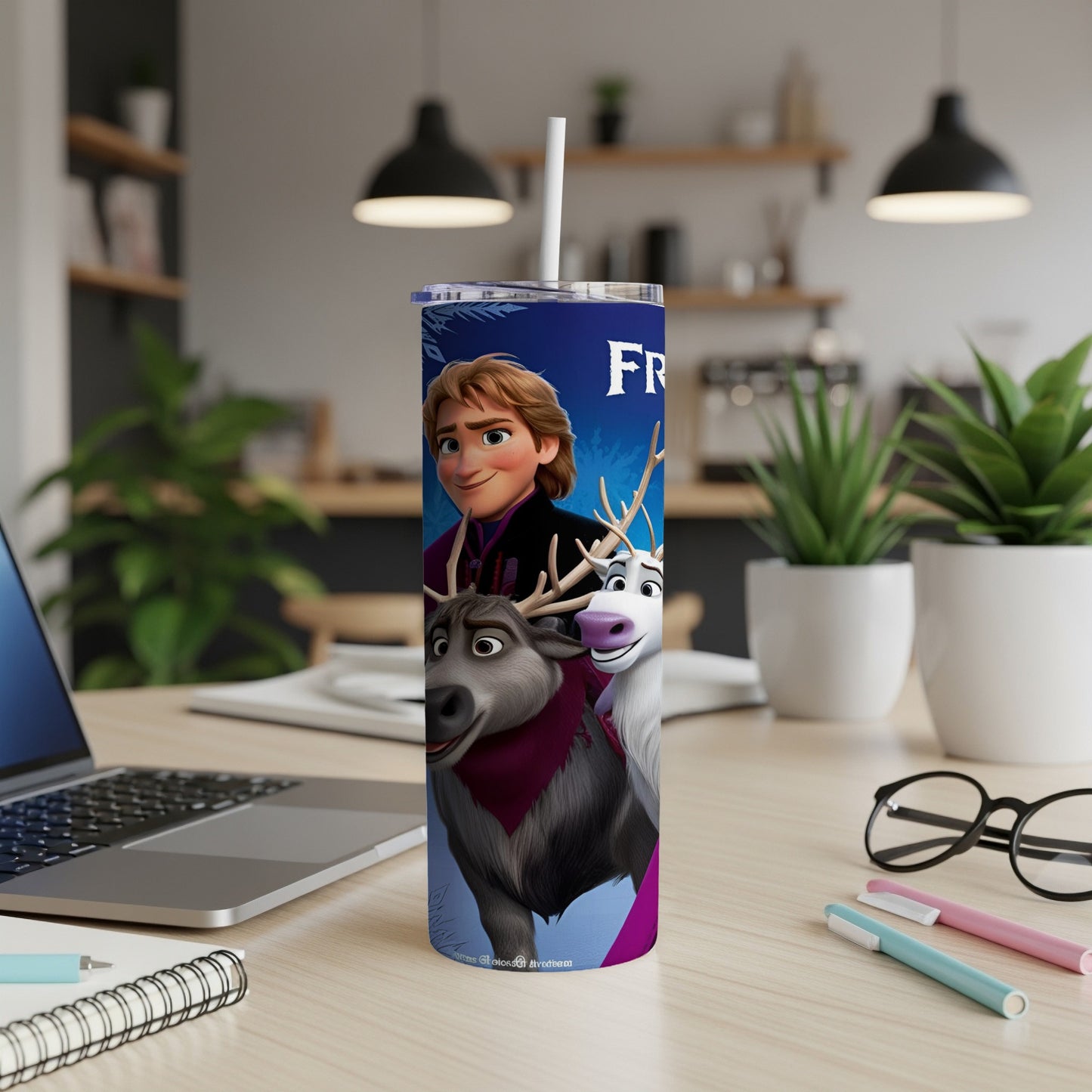 Elsa and Anna from Frozen with Sven on a purple tumbler.
