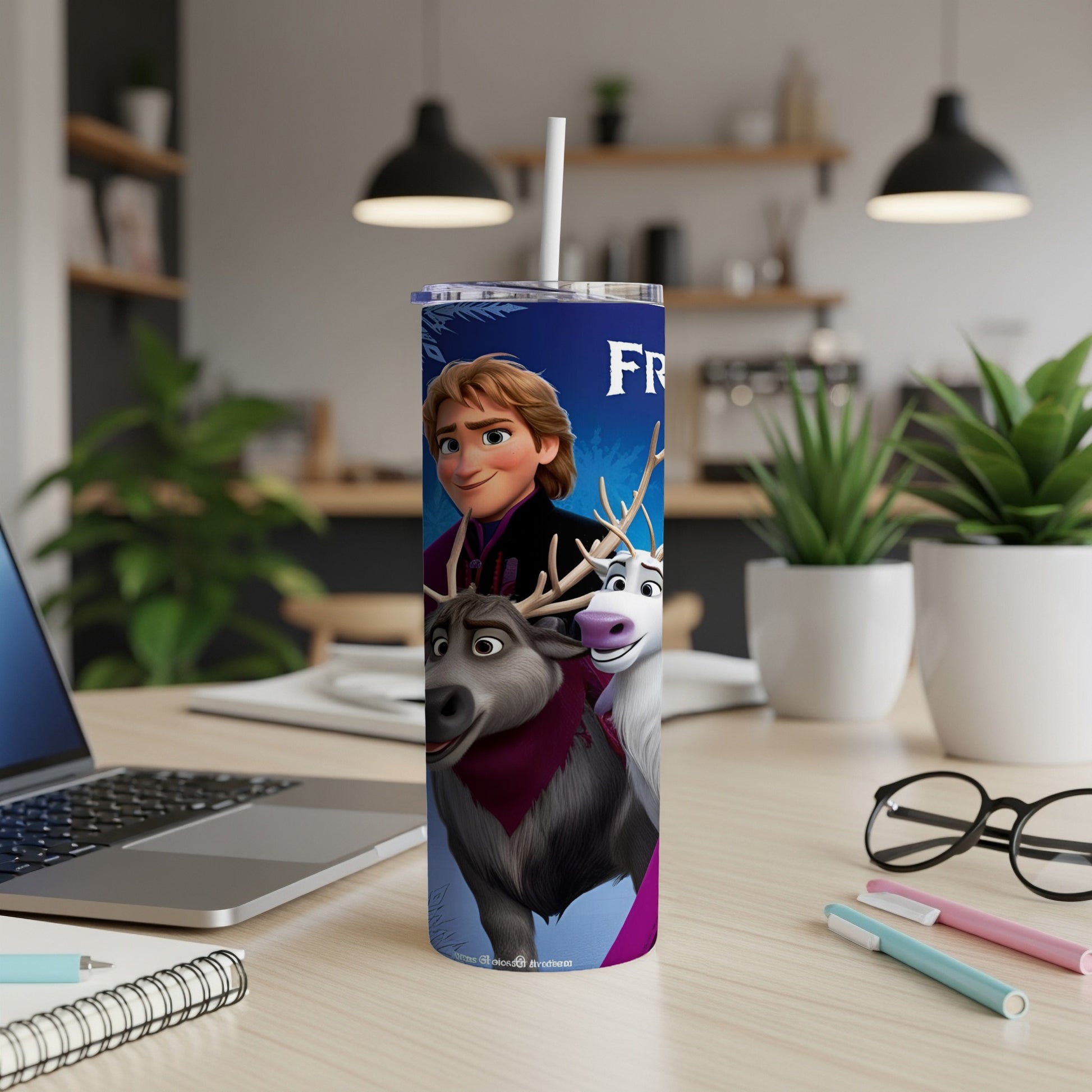 Elsa and Anna from Frozen with Sven on a purple tumbler.