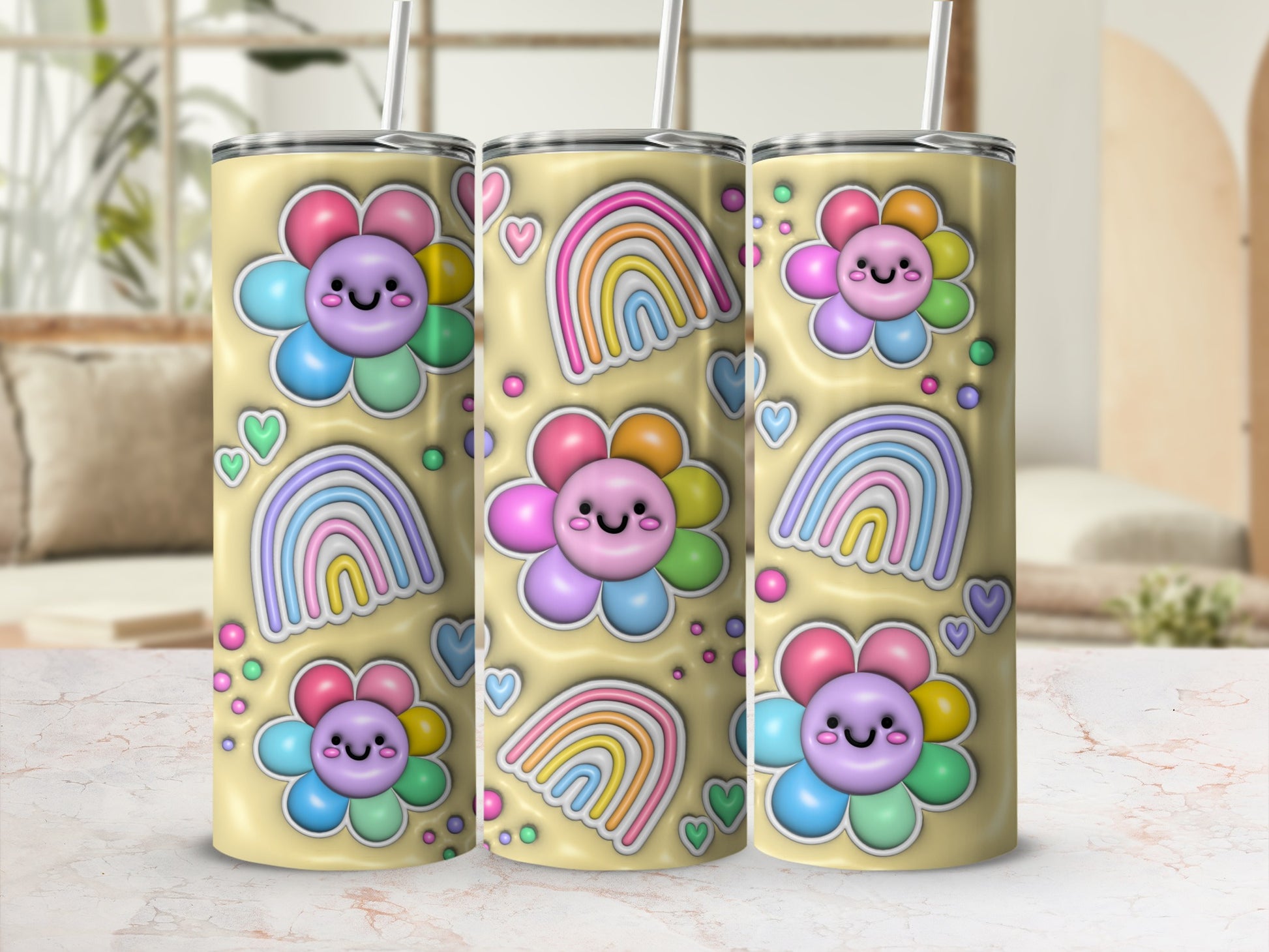 Cute Smiley Flower Rainbow Hearts Tumbler Drinkware product type