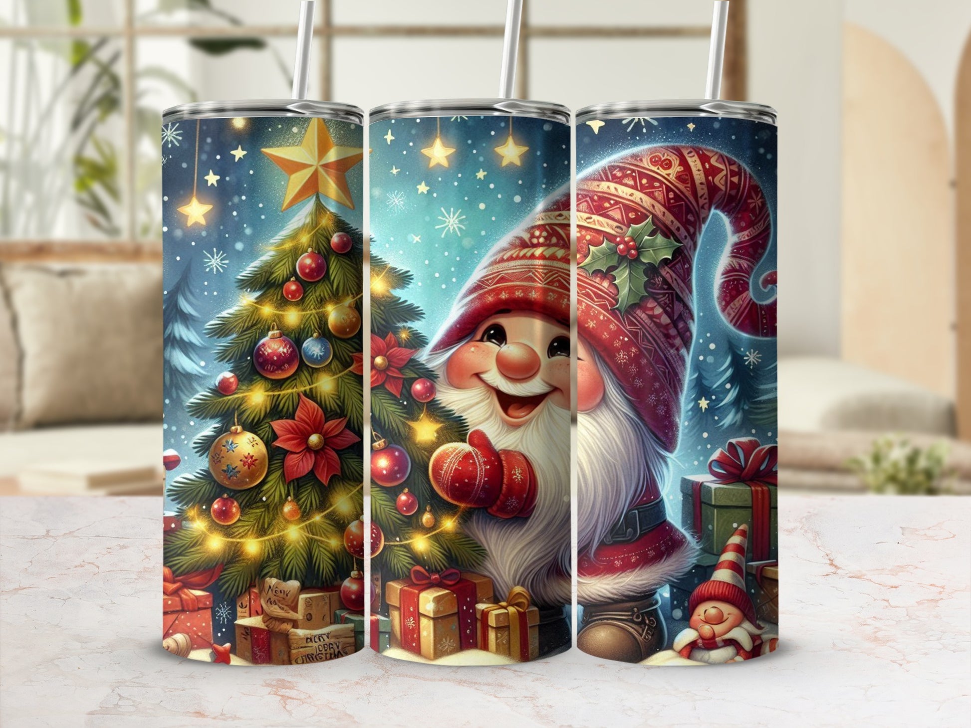 Christmas gnome with presents and decorated tree on a festive tumbler.