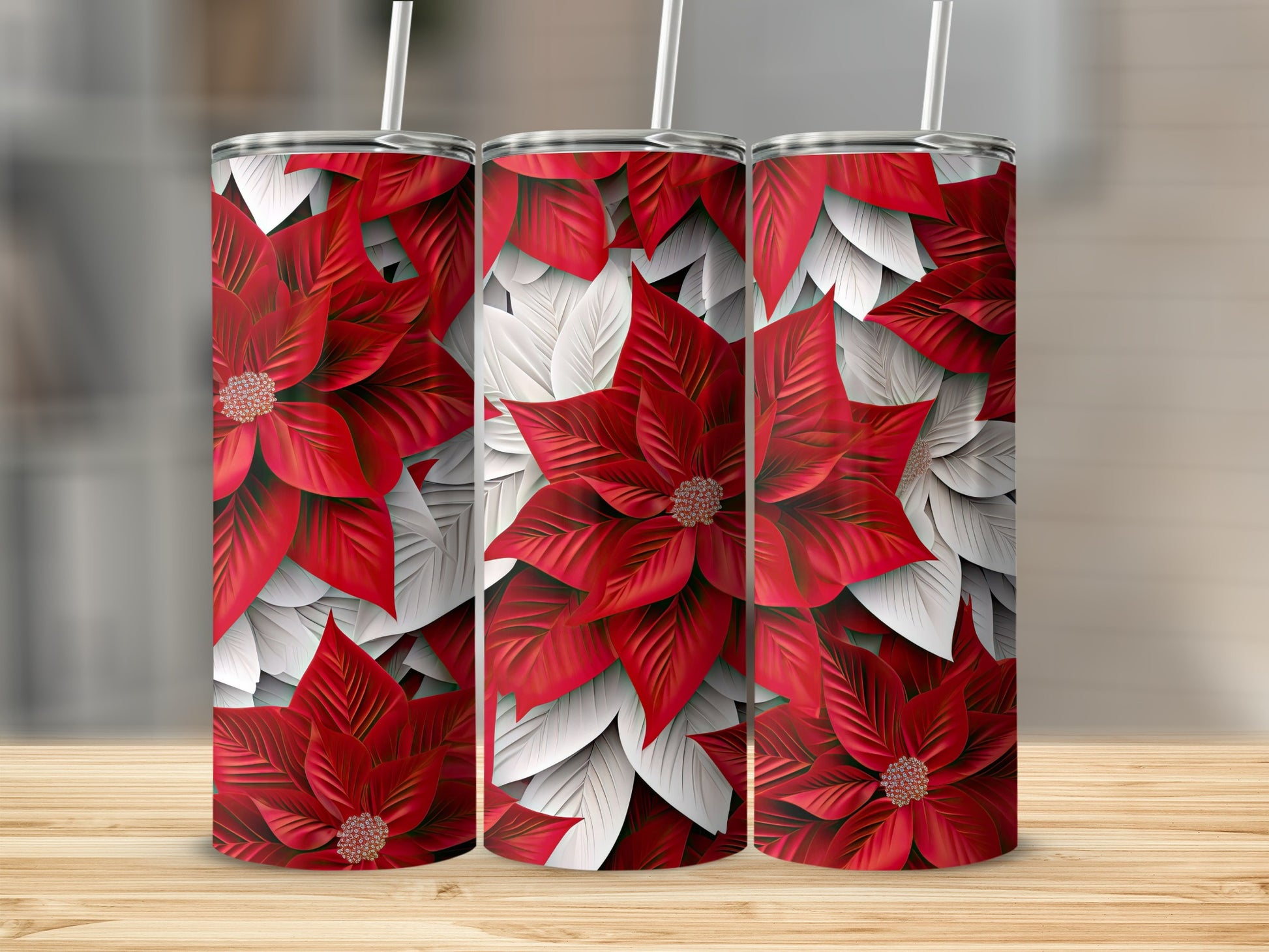 Festive Red and White Poinsettia Design Tumbler