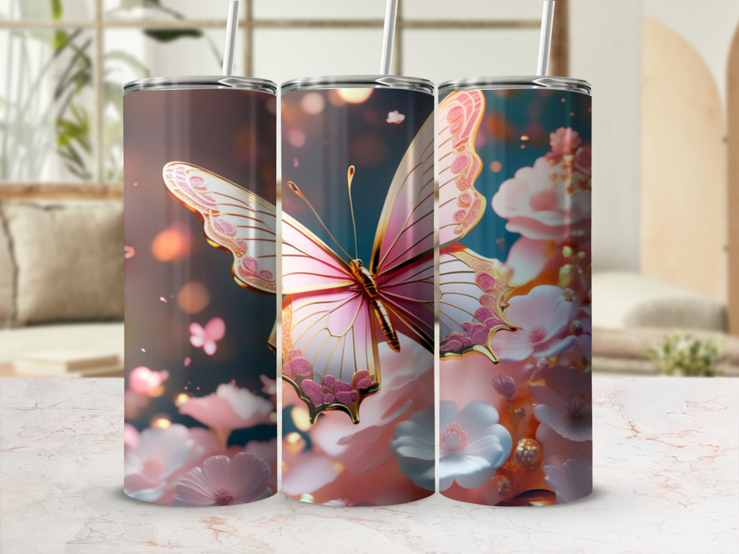 Pink butterfly and floral pattern on a stainless steel tumbler.