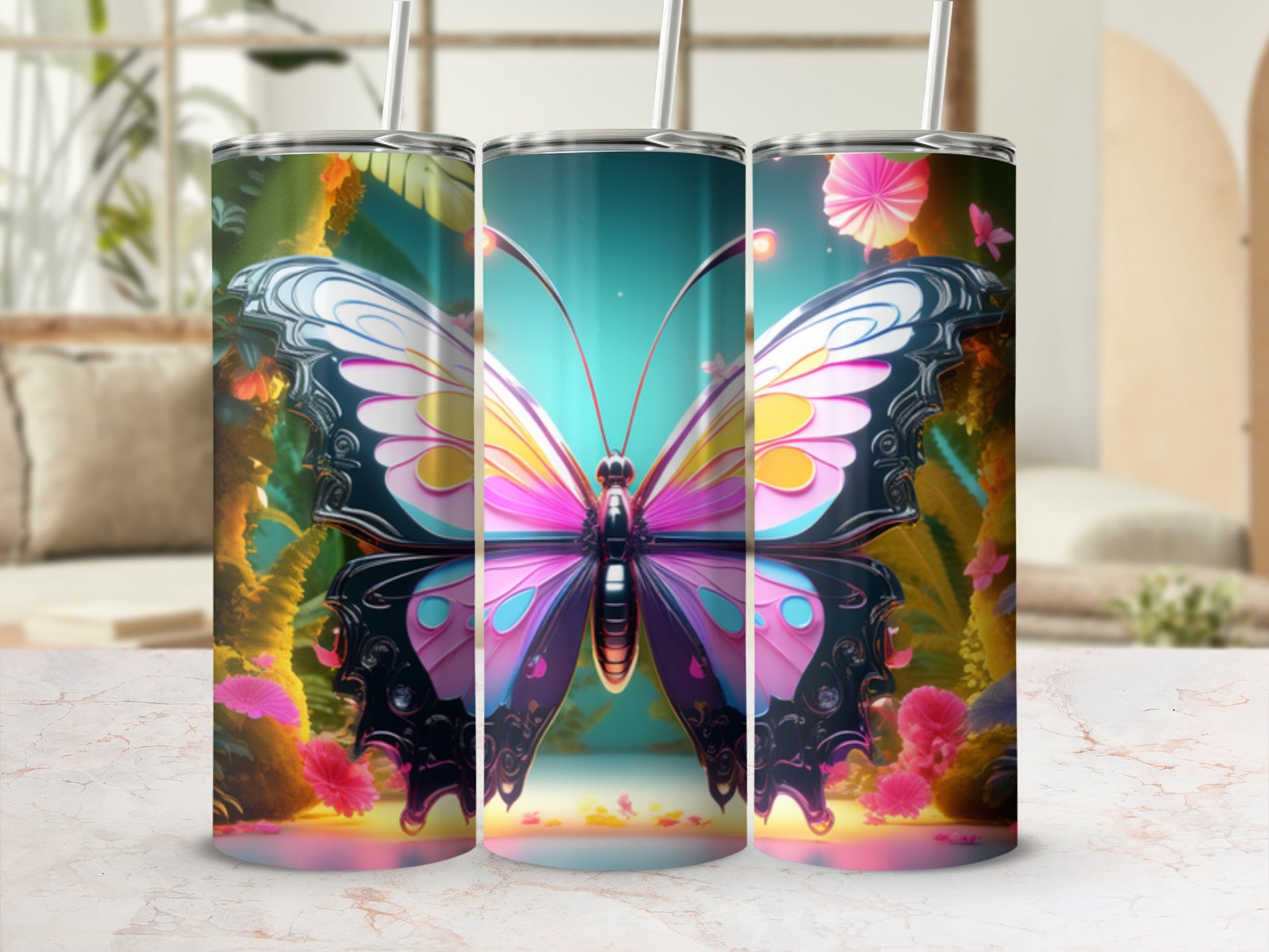 Tumbler with colorful butterfly and floral design.