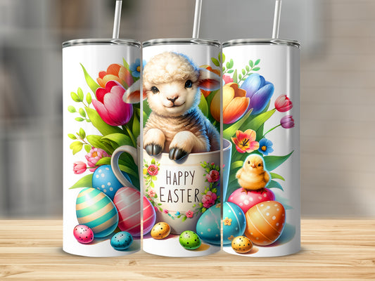 Easter tumbler with a lamb, chick, and colorful eggs surrounded by flowers.