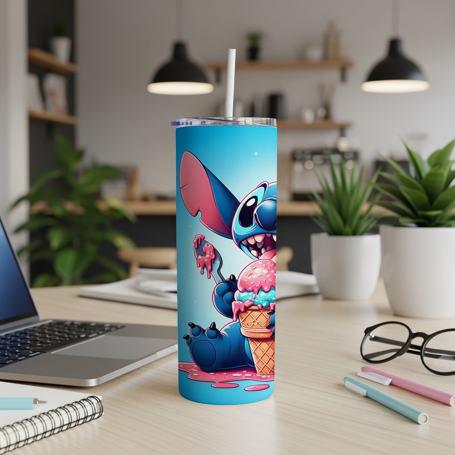 Blue tumbler with Stitch character eating ice cream cone.