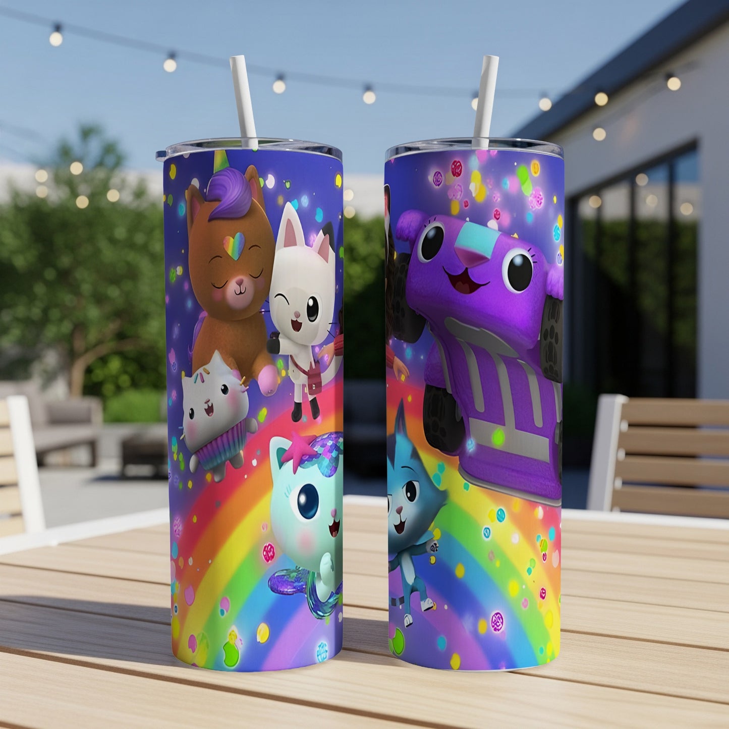 Two tumblers with Gabby's Dollhouse characters on a rainbow background.
